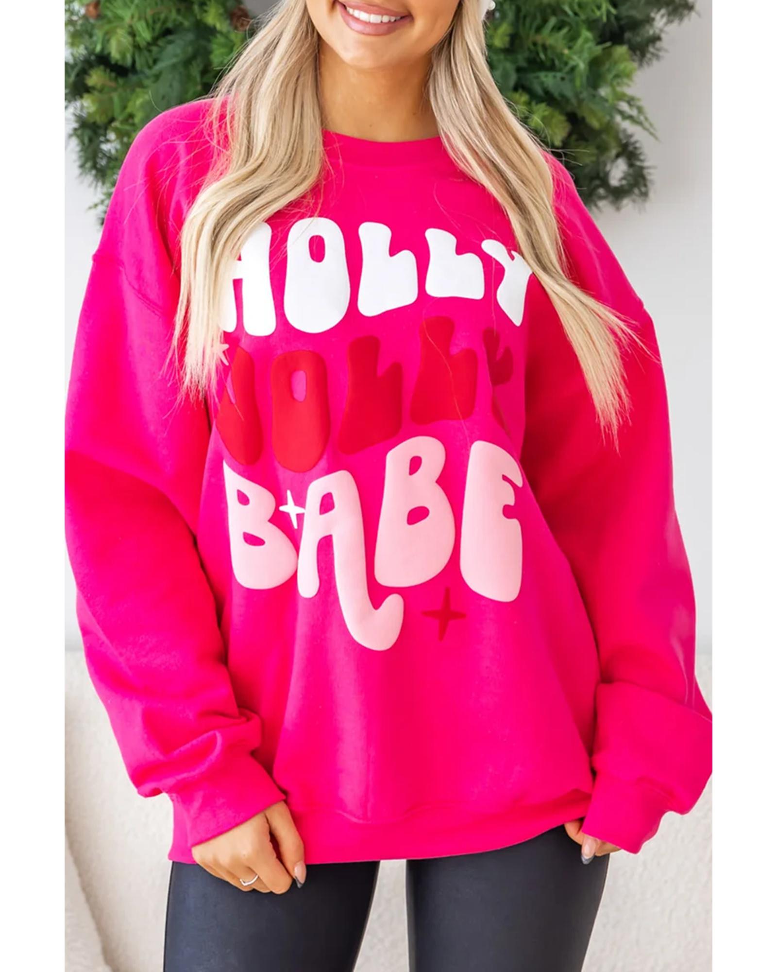 Rose Red Christmas Holly Jolly Babe Graphic Oversized Sweatshirt - S 3