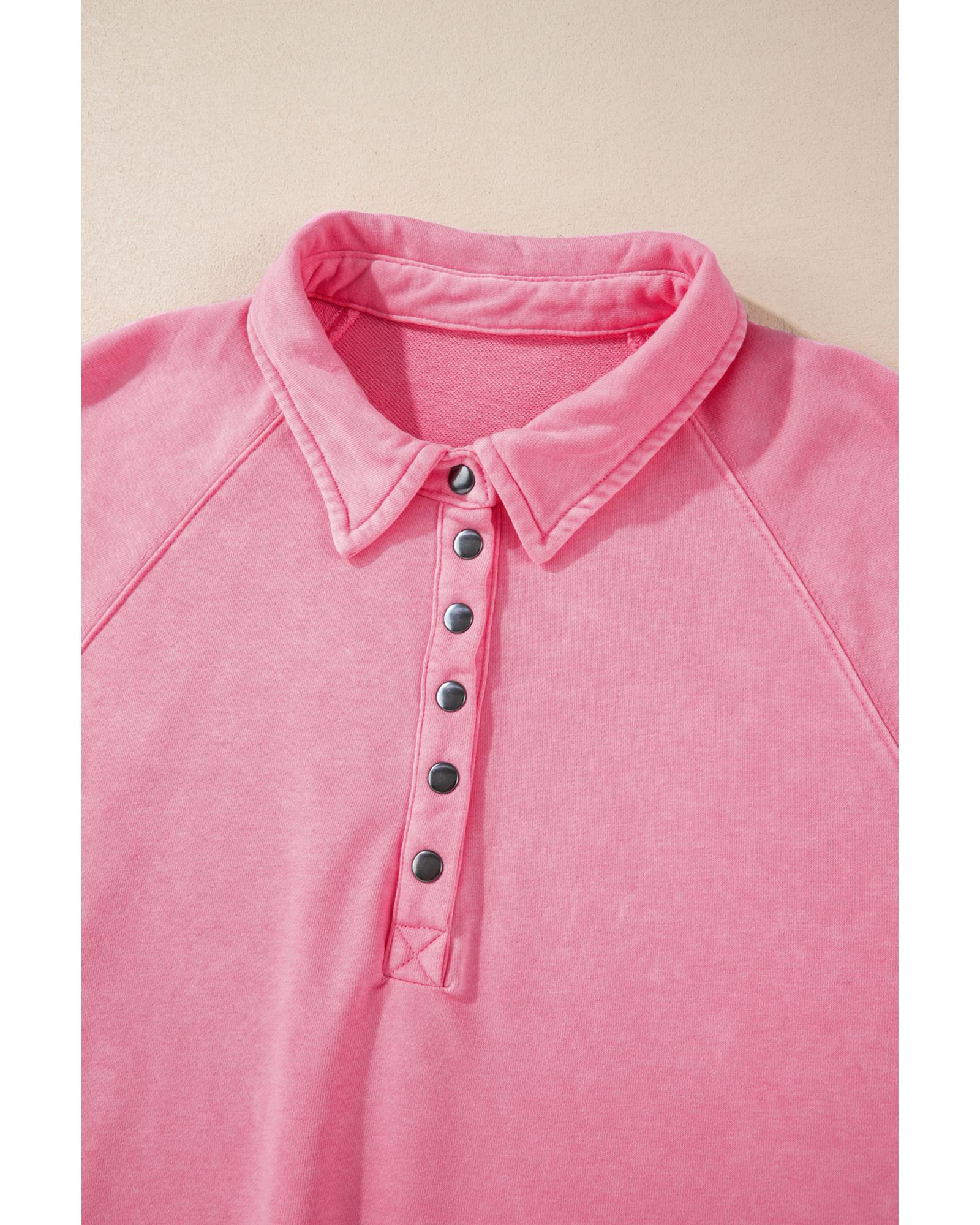 Pink Solid Snap Buttons Collared Balloon Sleeve Oversized Sweatshirt - M 3