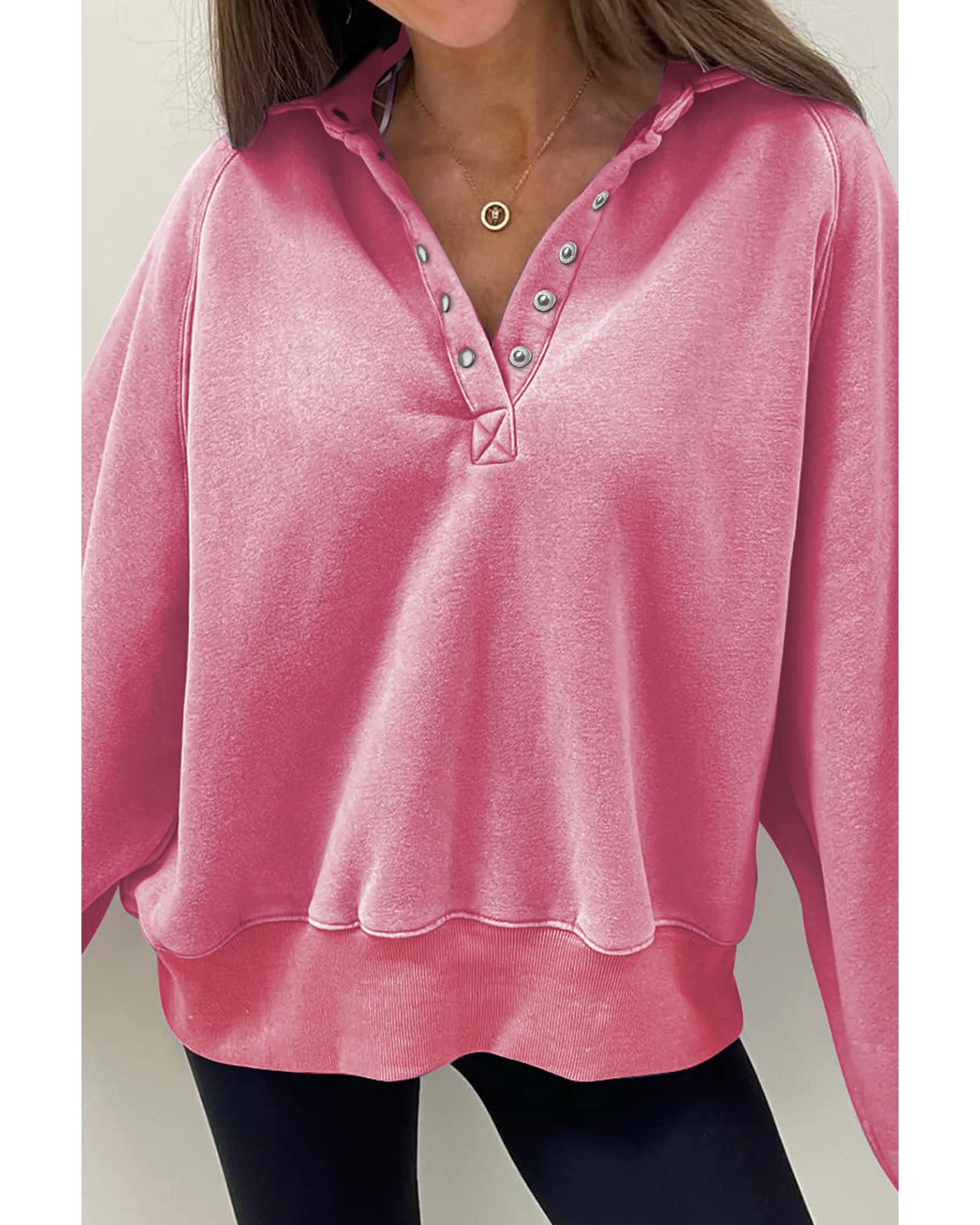 Pink Solid Snap Buttons Collared Balloon Sleeve Oversized Sweatshirt - M 4
