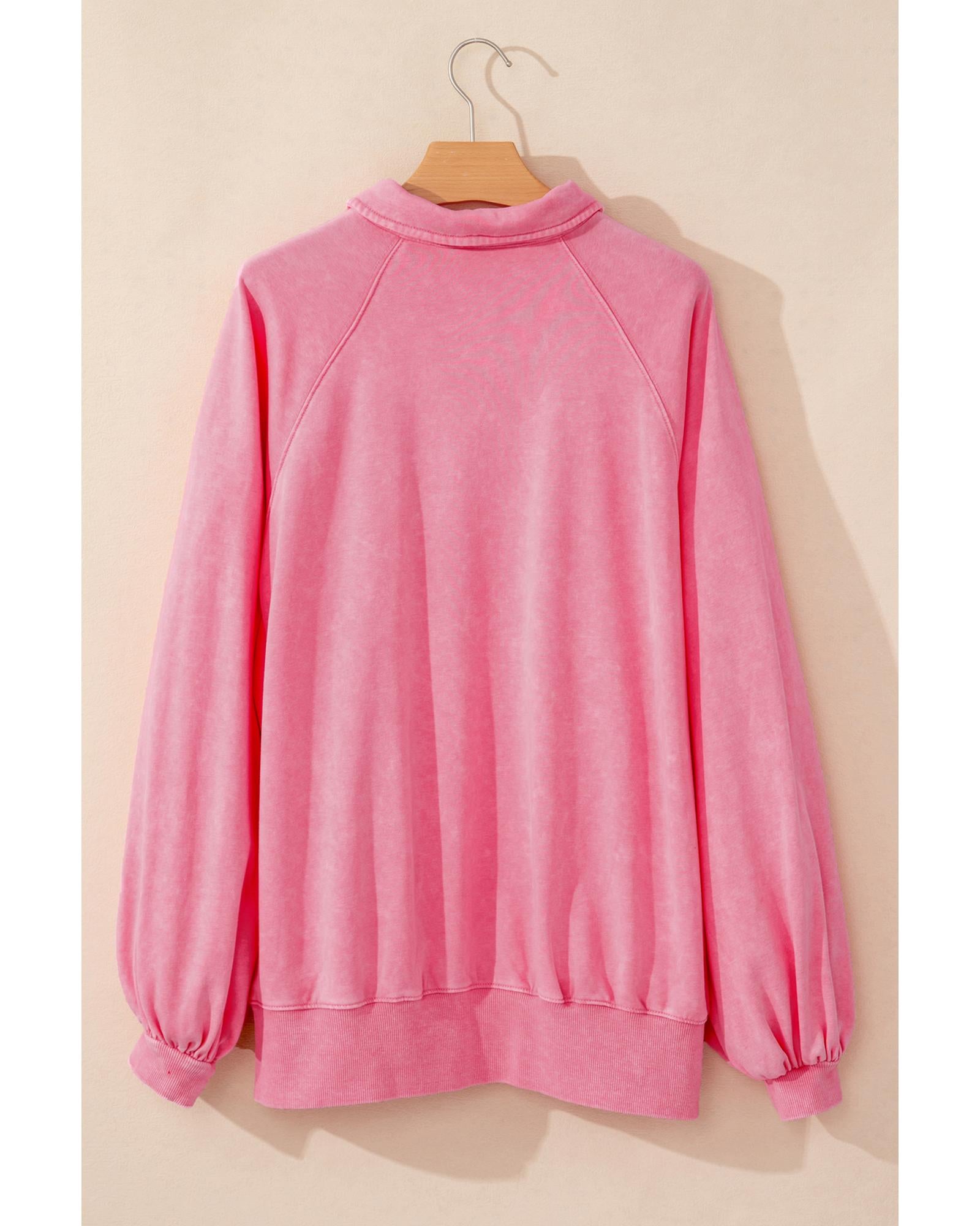 Pink Solid Snap Buttons Collared Balloon Sleeve Oversized Sweatshirt - M 6