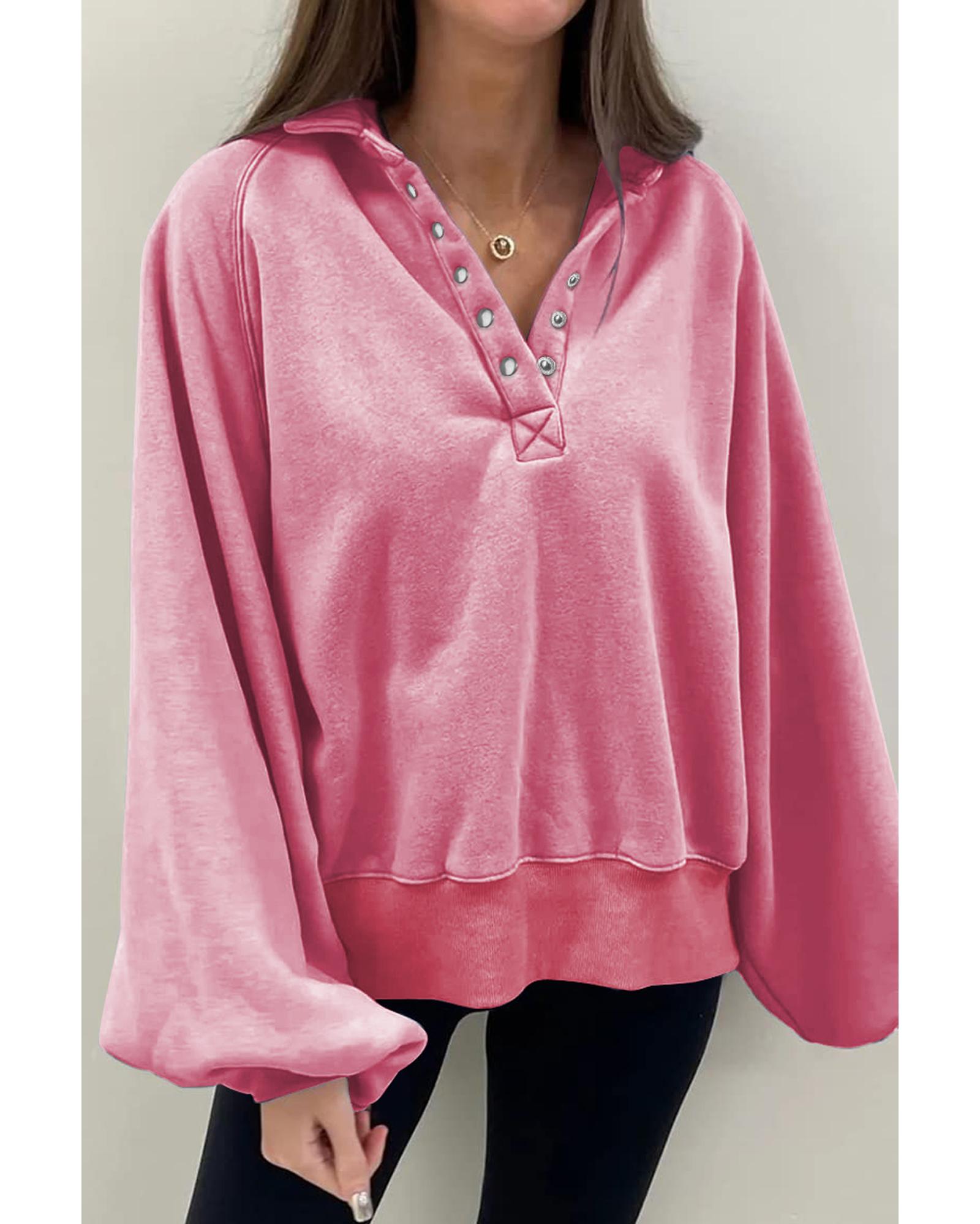 Pink Solid Snap Buttons Collared Balloon Sleeve Oversized Sweatshirt - M 8