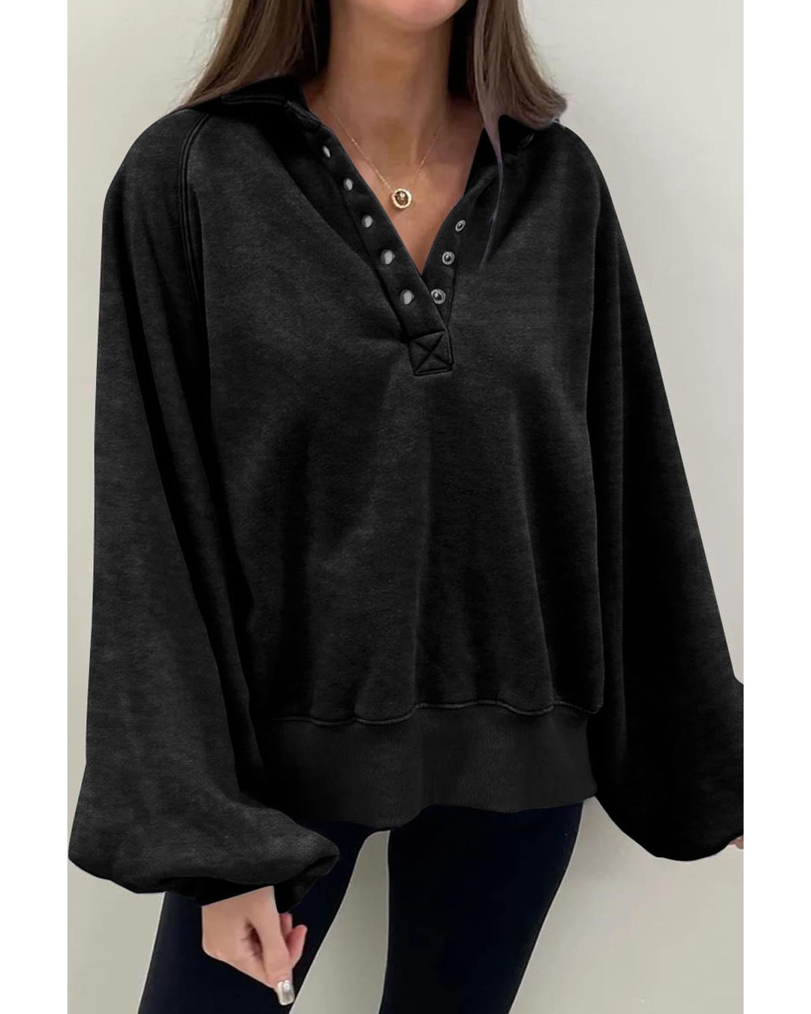 Black Solid Snap Buttons Collared Balloon Sleeve Oversized Sweatshirt - XL 3