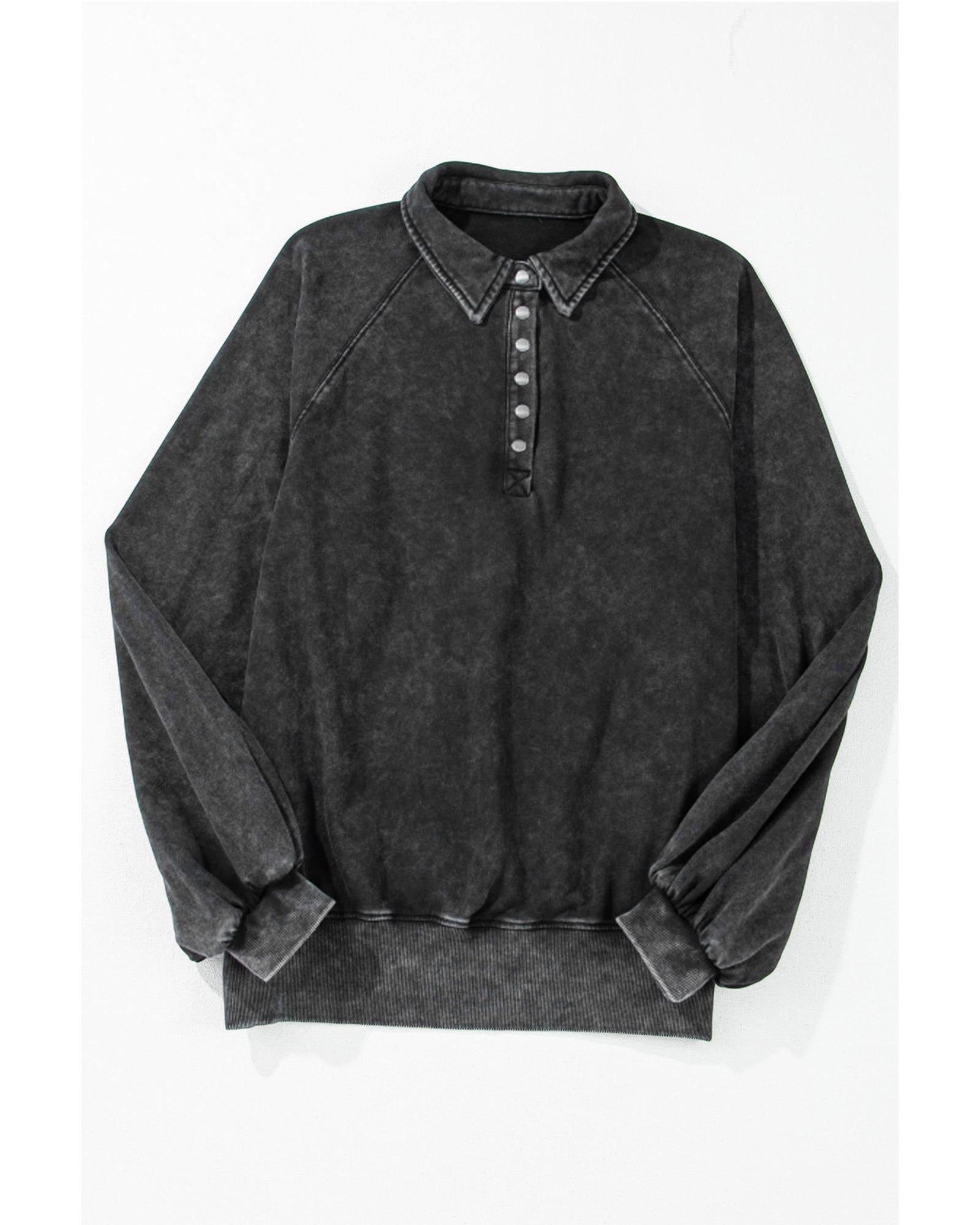 Black Solid Snap Buttons Collared Balloon Sleeve Oversized Sweatshirt - XL 5