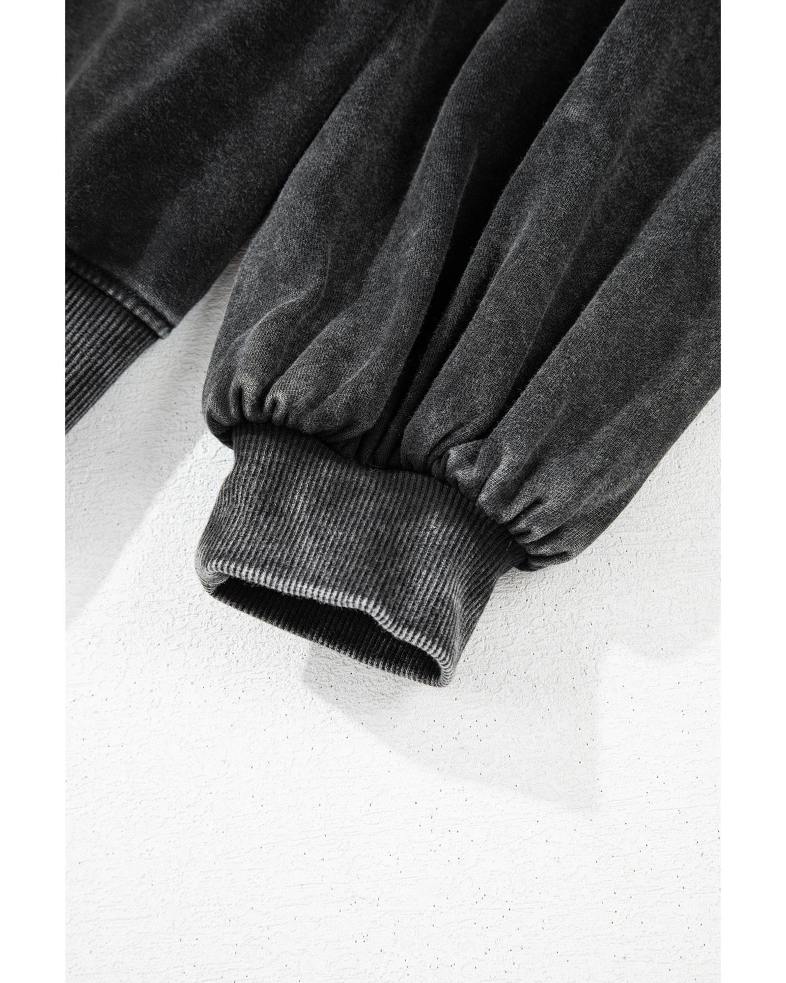 Black Solid Snap Buttons Collared Balloon Sleeve Oversized Sweatshirt - XL 6