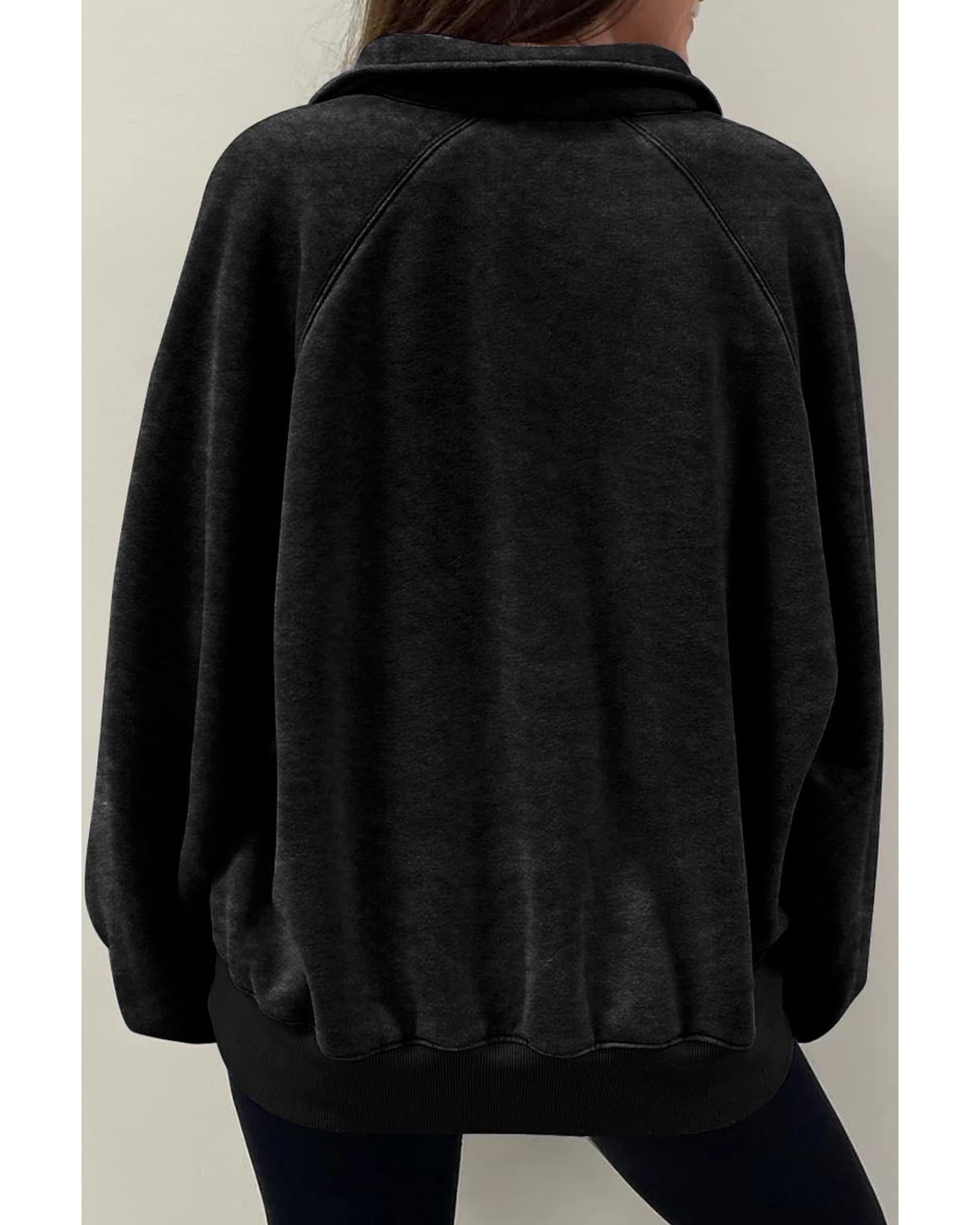 Black Solid Snap Buttons Collared Balloon Sleeve Oversized Sweatshirt - XL 7