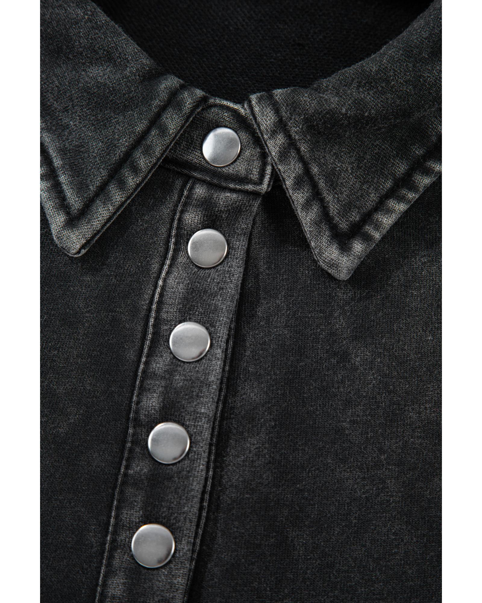 Black Solid Snap Buttons Collared Balloon Sleeve Oversized Sweatshirt - XL 8