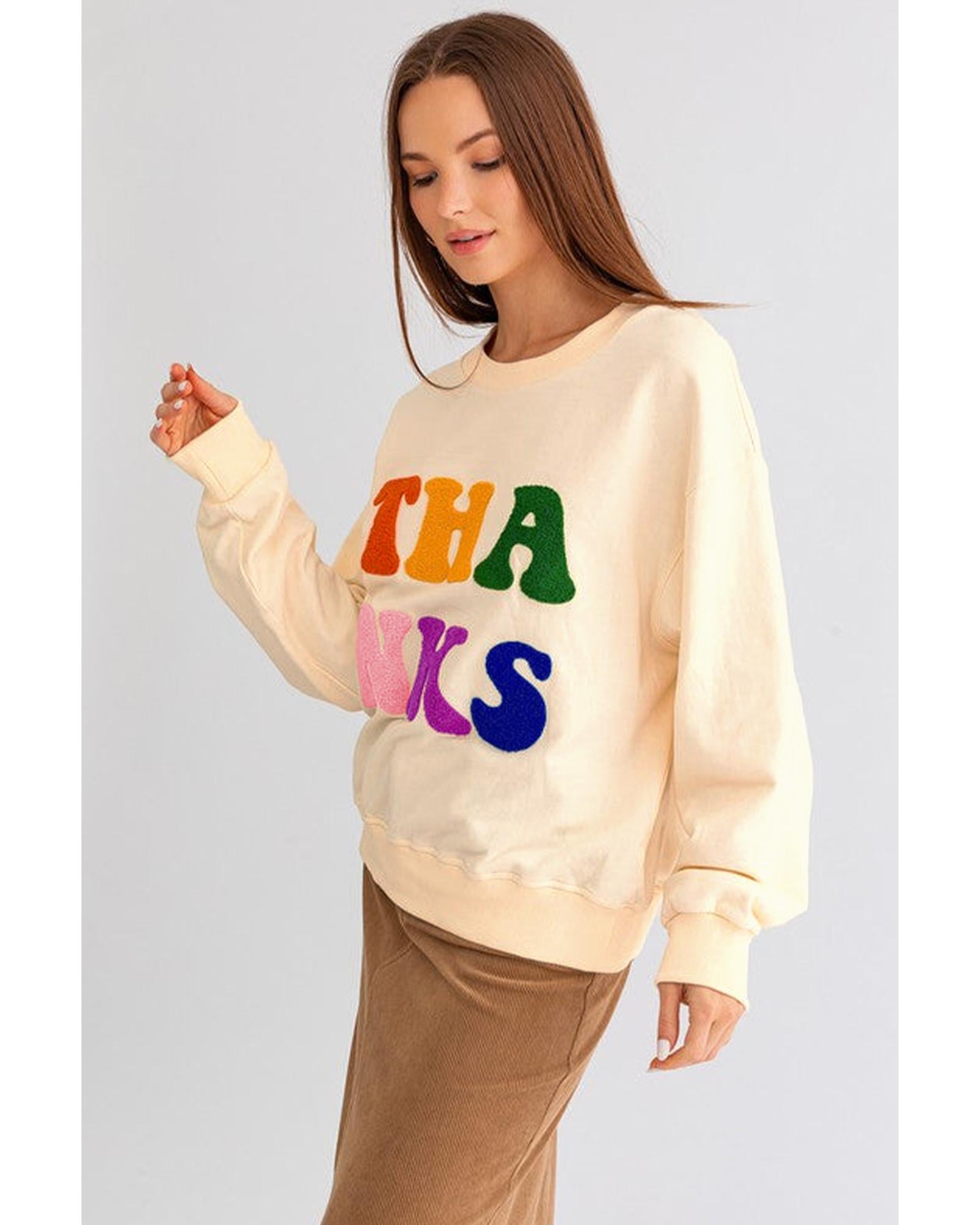 Apricot THANKS Chenille Embroidered Drop Shoulder Graphic Sweatshirt - L 5