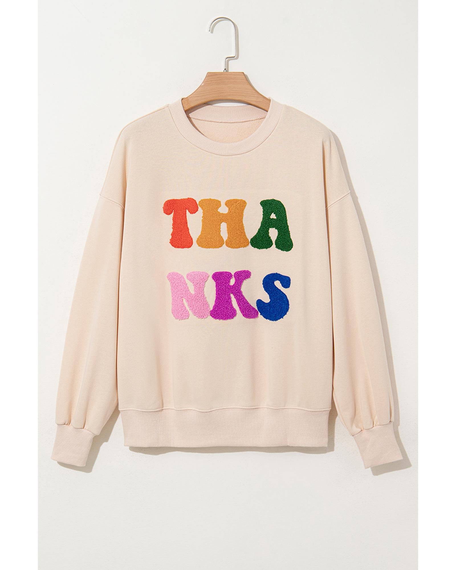 Apricot THANKS Chenille Embroidered Drop Shoulder Graphic Sweatshirt - L 7