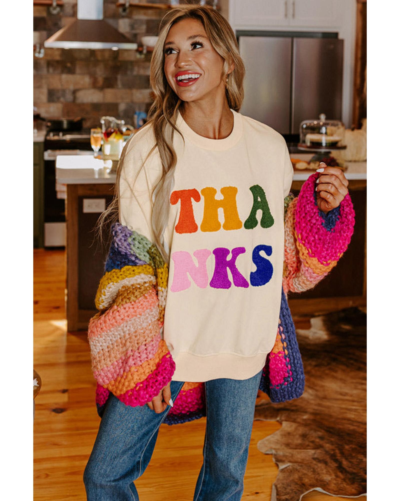 Apricot THANKS Chenille Embroidered Drop Shoulder Graphic Sweatshirt - S 5