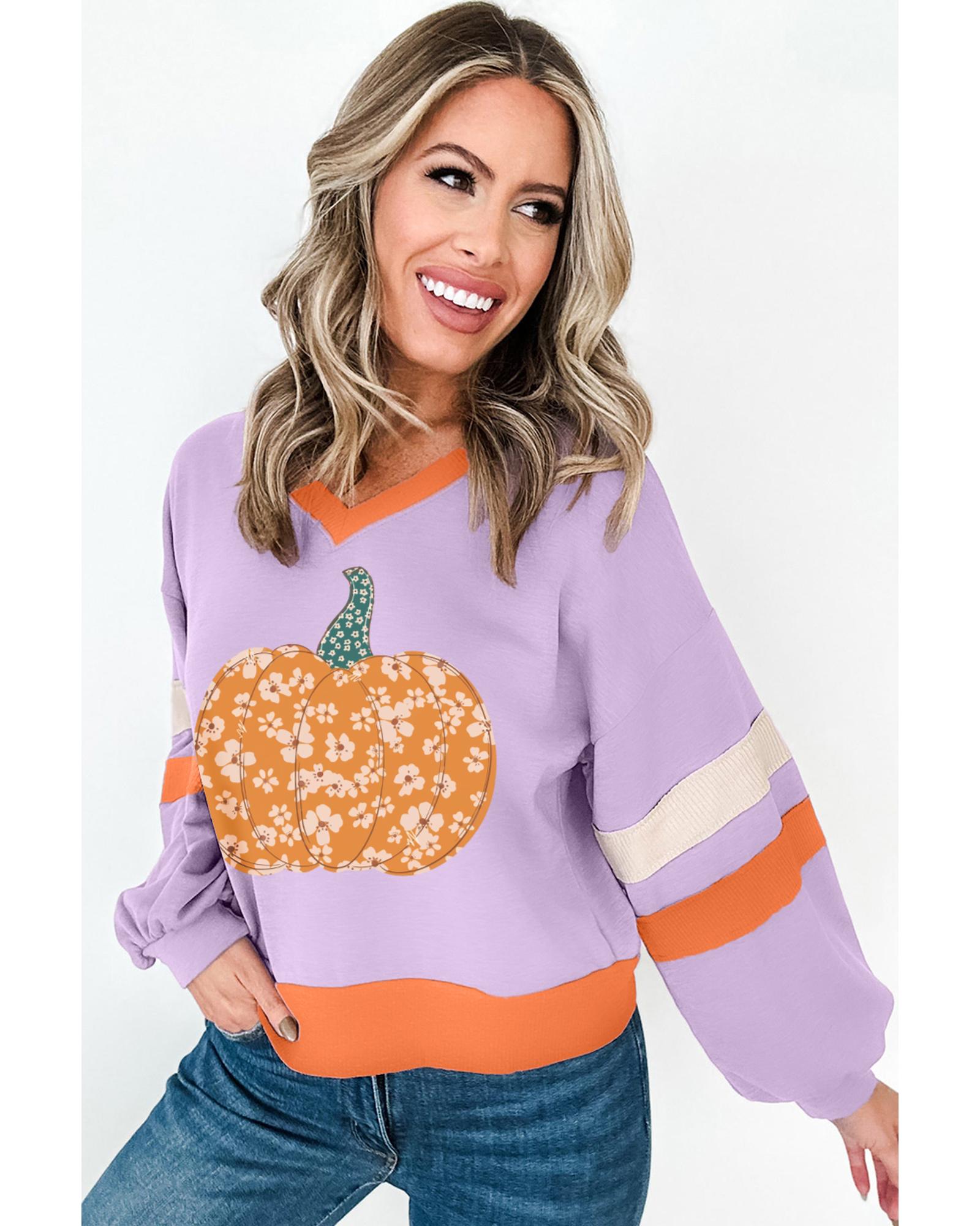 Orchid Bouquet Halloween Floral Pumpkin Color Block V Neck Sweatshirt - L