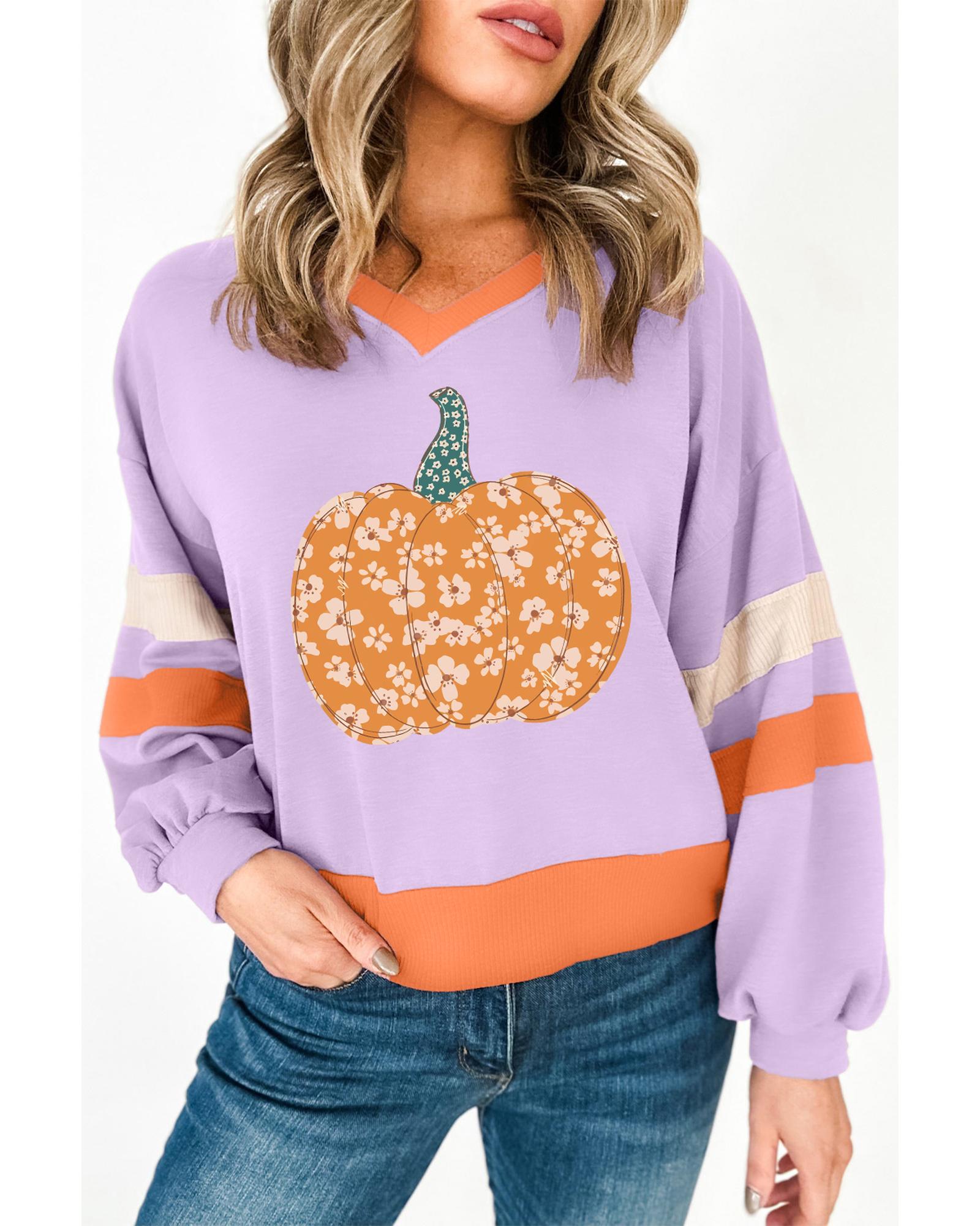 Orchid Bouquet Halloween Floral Pumpkin Color Block V Neck Sweatshirt - XL 3