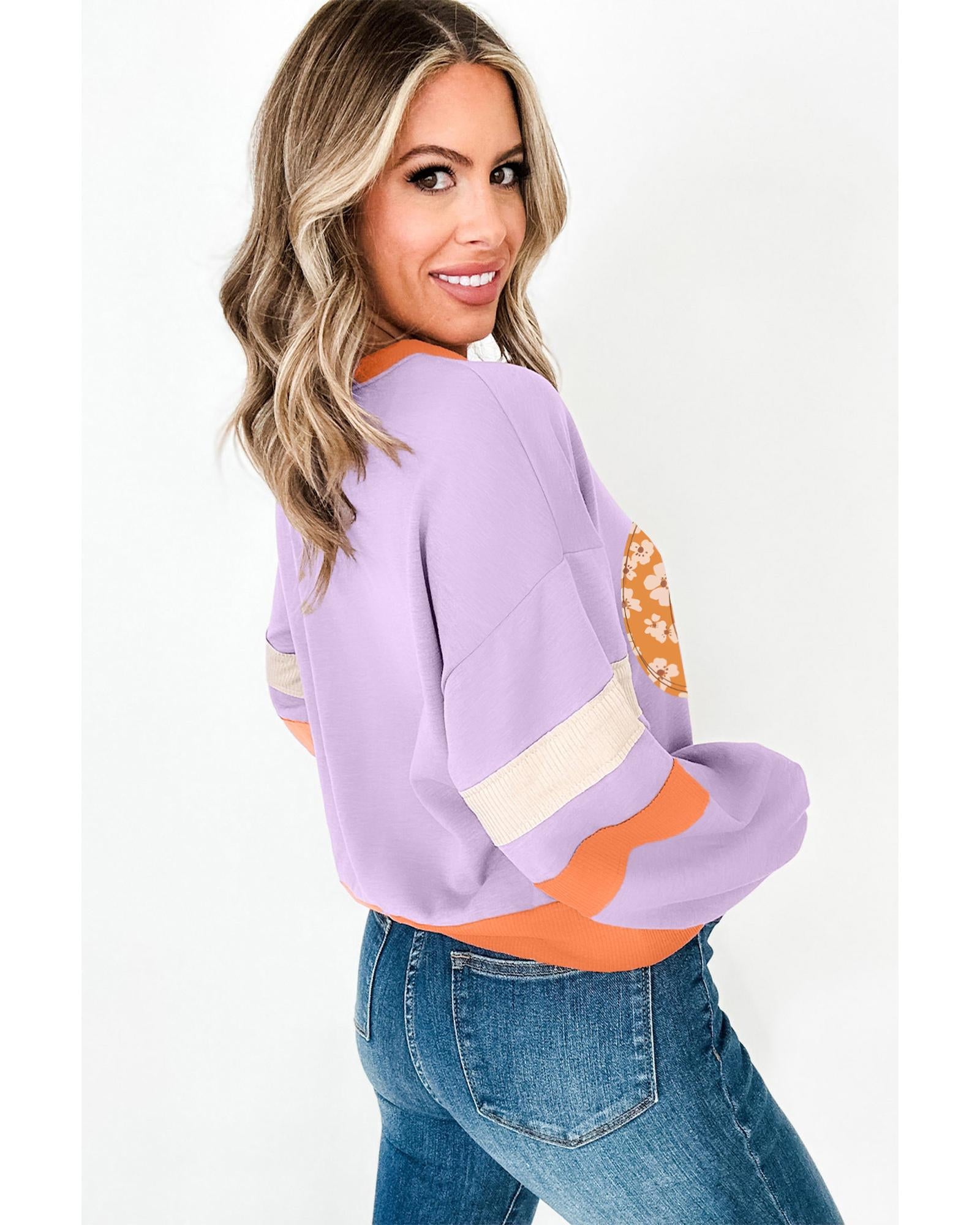 Orchid Bouquet Halloween Floral Pumpkin Color Block V Neck Sweatshirt - XL 4