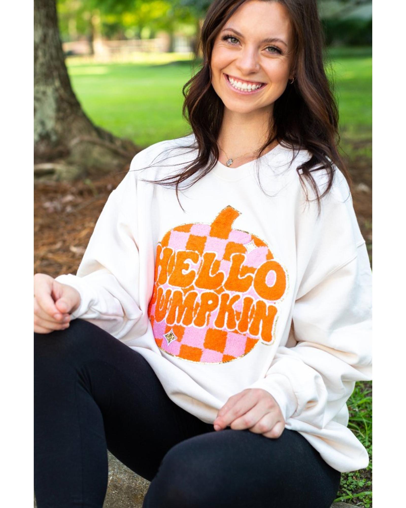 White Terry Halloween Pumpkin Patched Pattern Pullover Sweatshirt - M 5