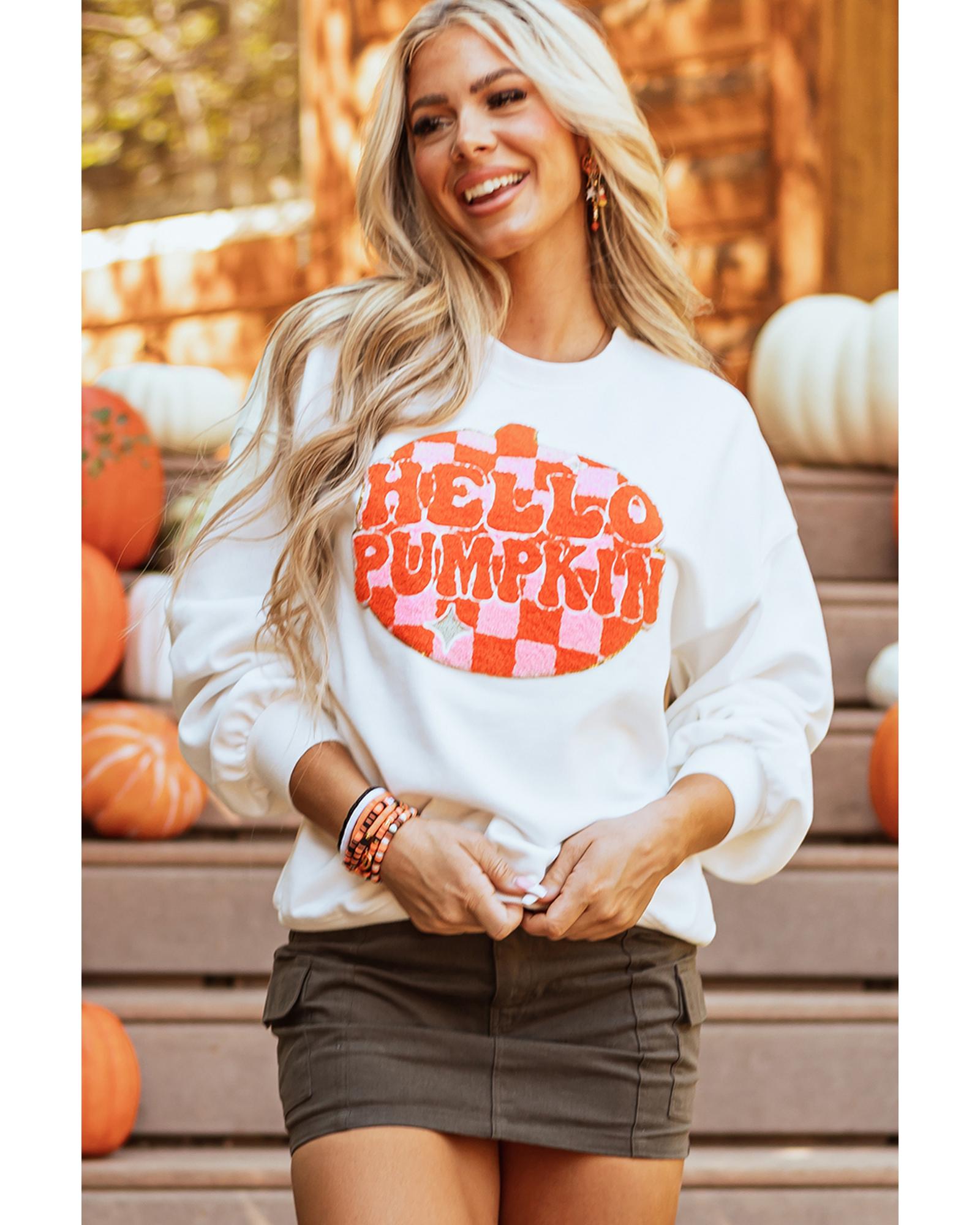 White Terry Halloween Pumpkin Patched Pattern Pullover Sweatshirt - S 5