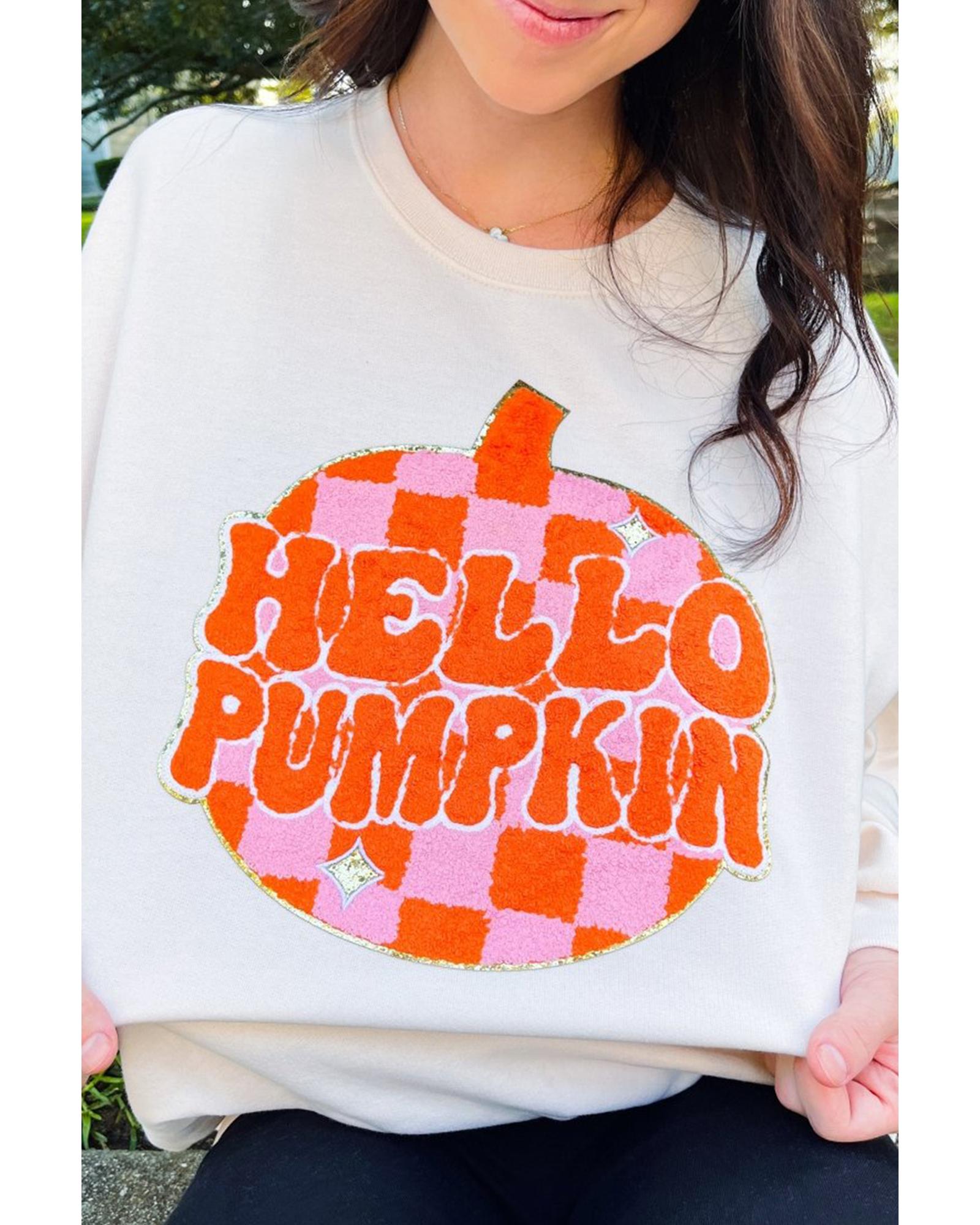 White Terry Halloween Pumpkin Patched Pattern Pullover Sweatshirt - XL 4