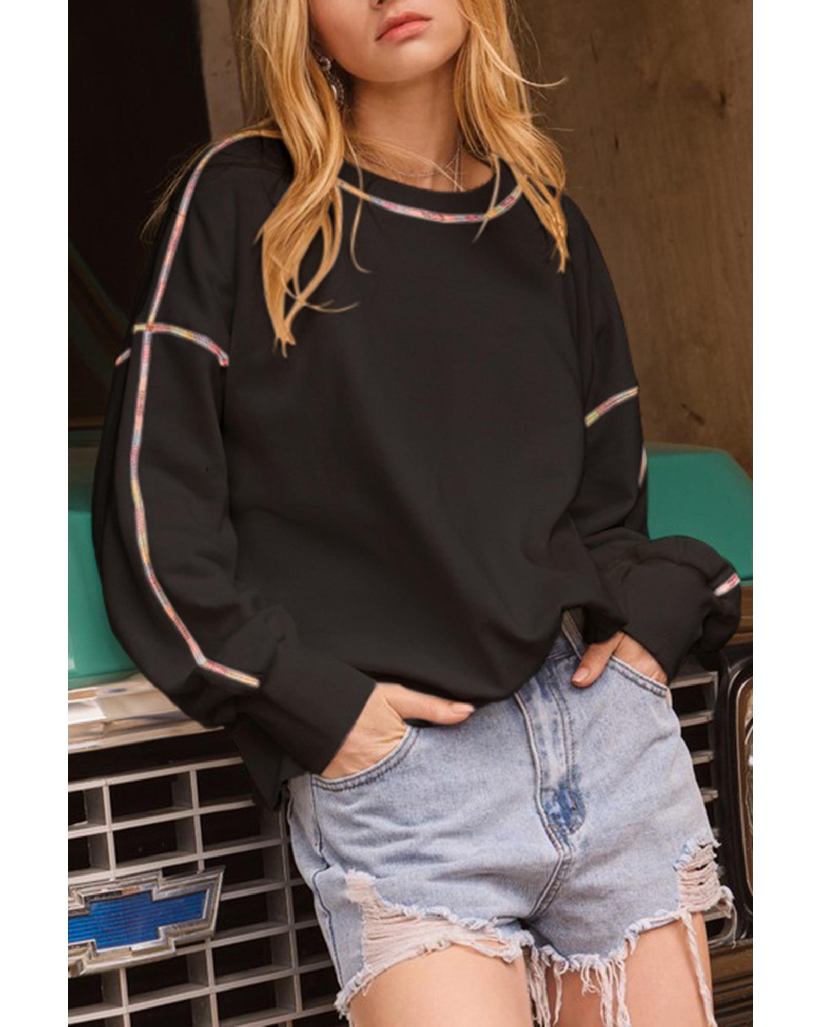 Black Contrast Rainbow Trim Drop Shoulder Pullover Sweatshirt - M