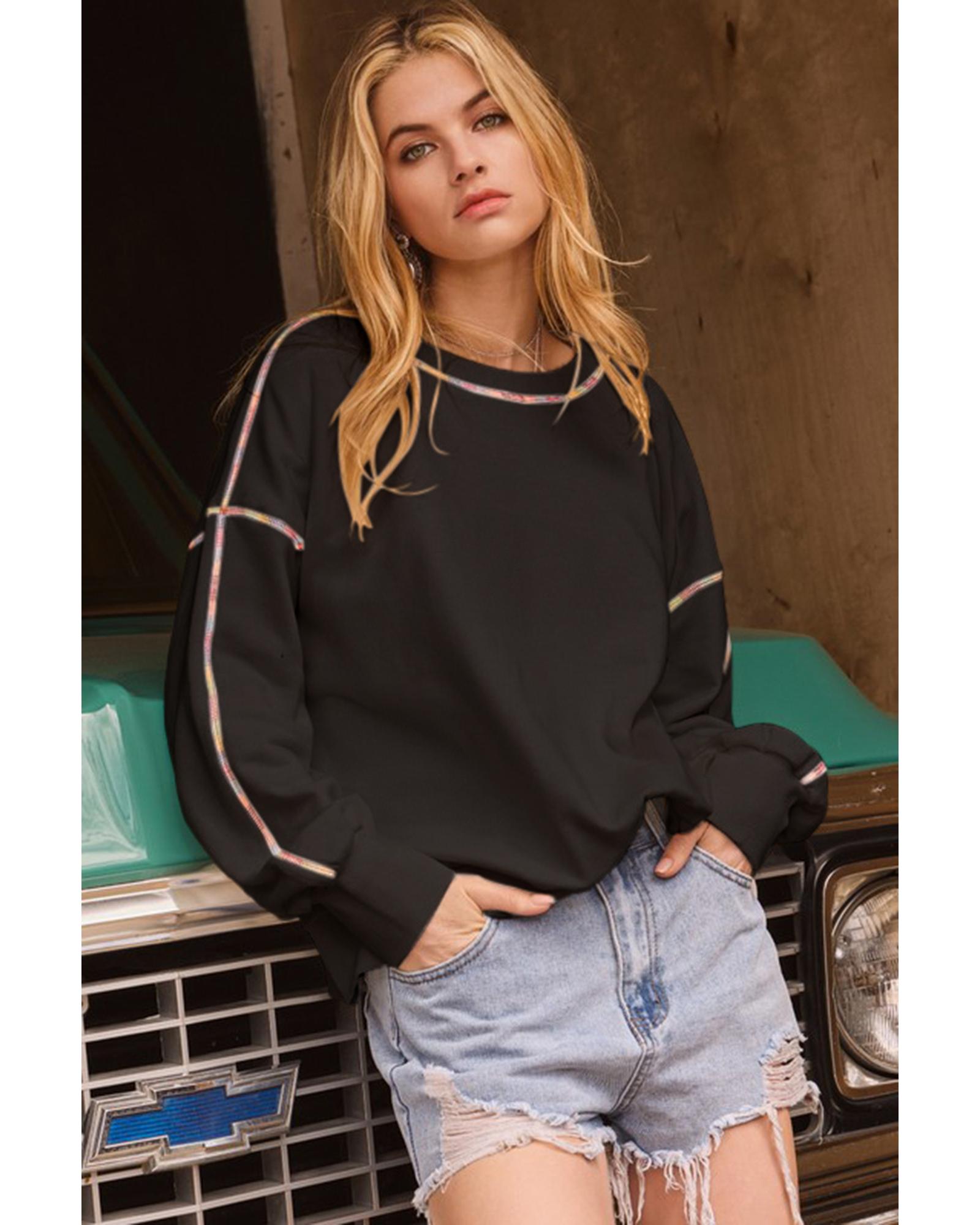 Black Contrast Rainbow Trim Drop Shoulder Pullover Sweatshirt - M 3