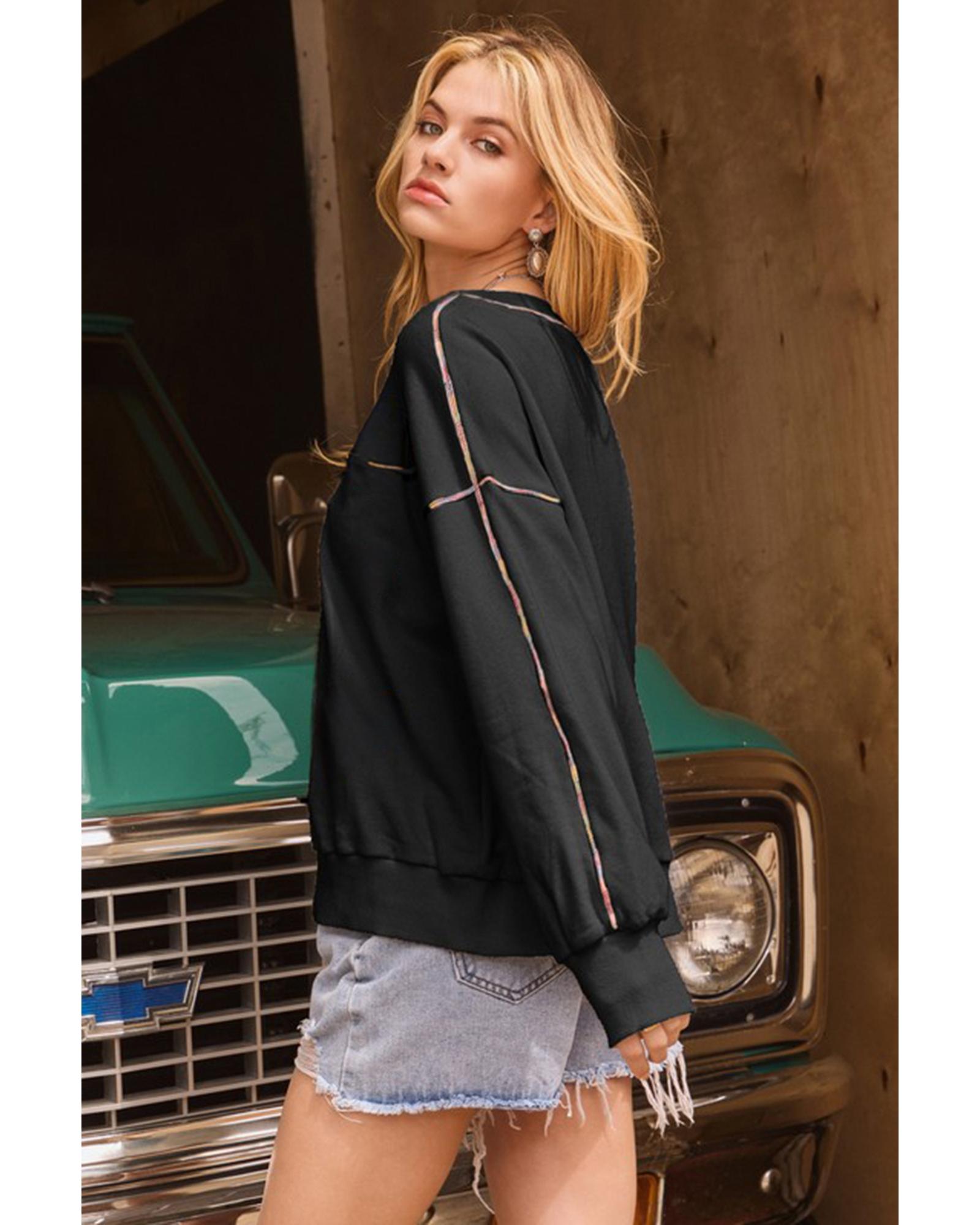 Black Contrast Rainbow Trim Drop Shoulder Pullover Sweatshirt - M 4