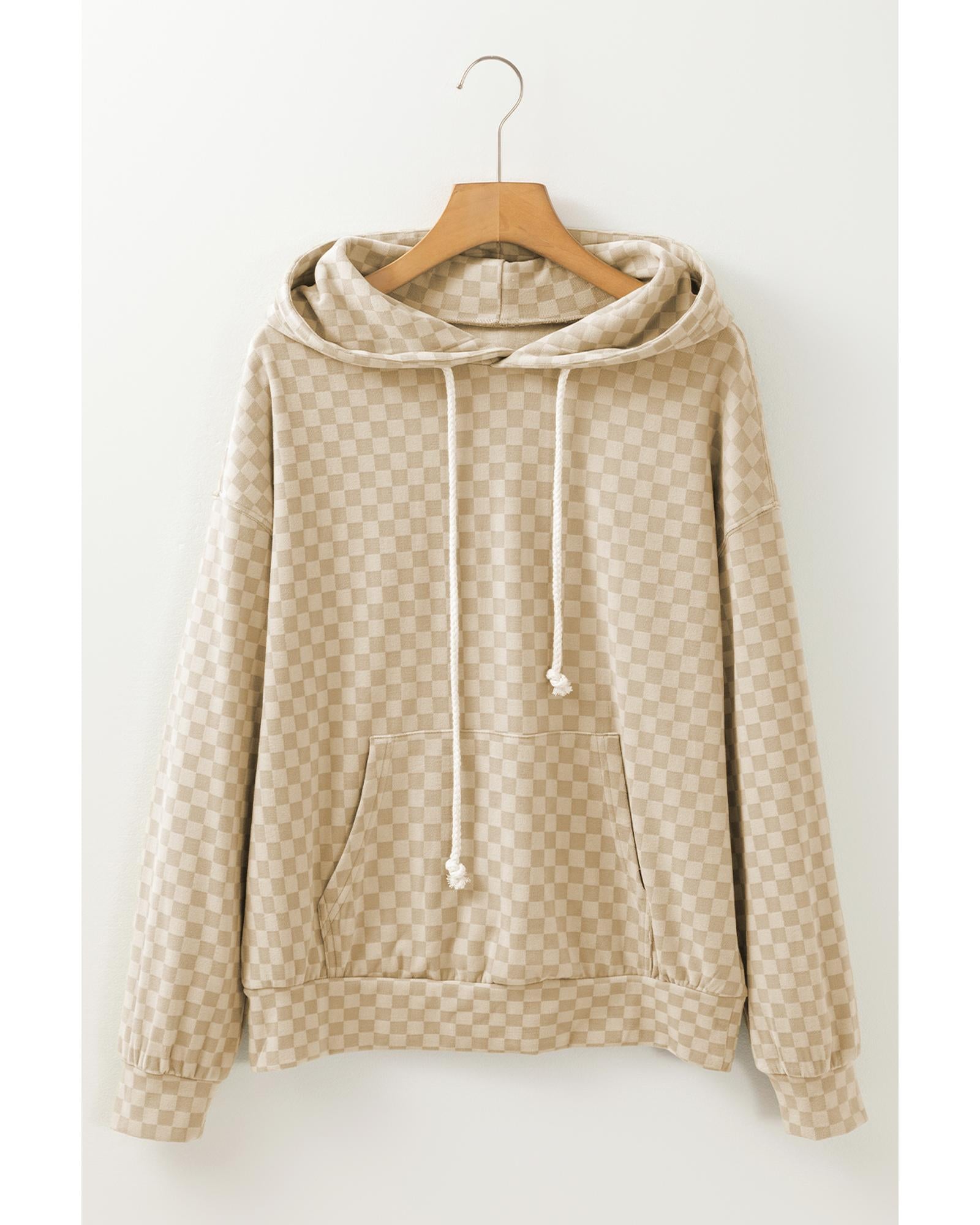 Khaki Checkered Print Kangaroo Pocket Drawstring Hoodie - L 3