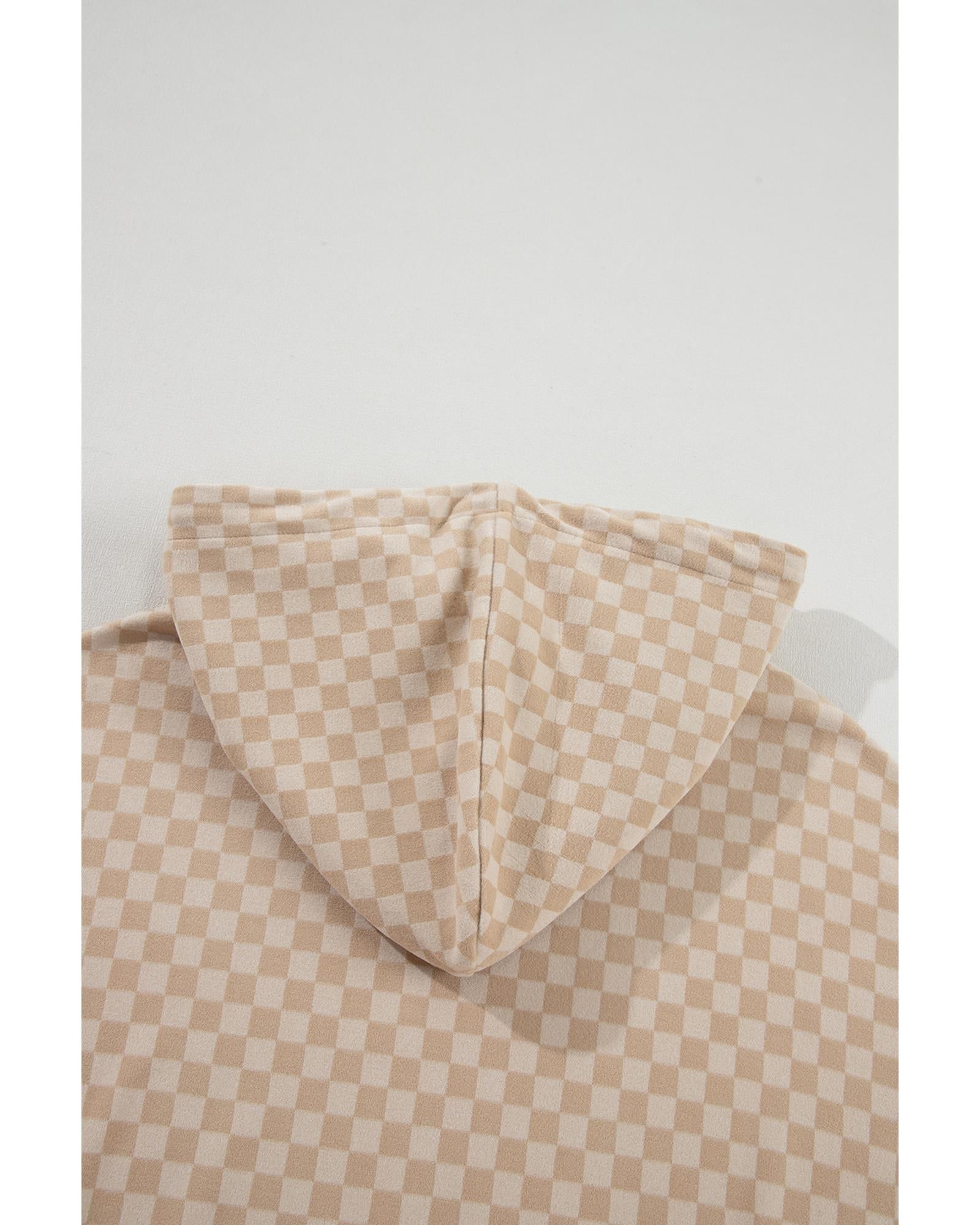 Khaki Checkered Print Kangaroo Pocket Drawstring Hoodie - L 4