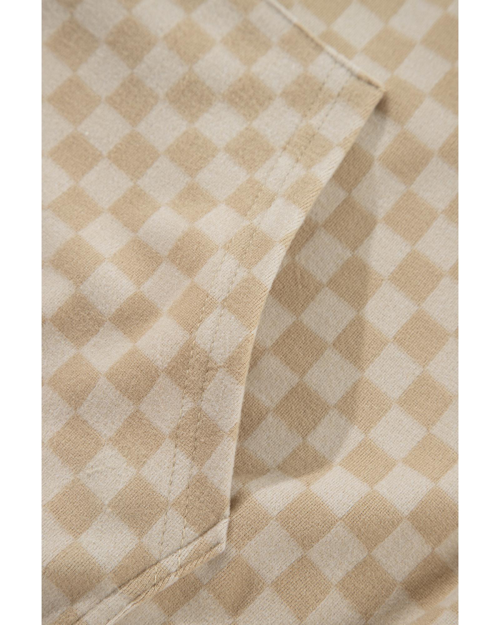 Khaki Checkered Print Kangaroo Pocket Drawstring Hoodie - L 6