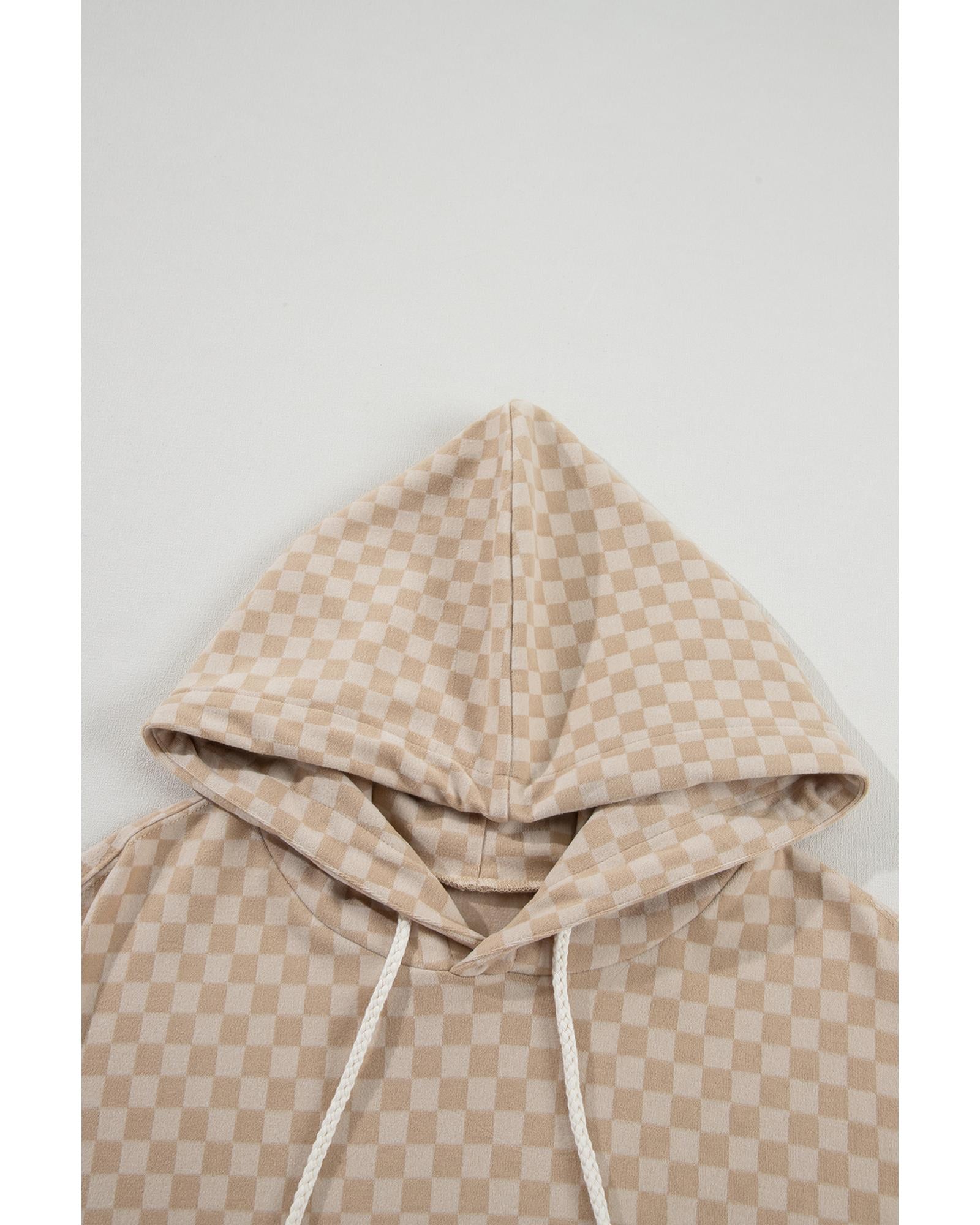 Khaki Checkered Print Kangaroo Pocket Drawstring Hoodie - M 5