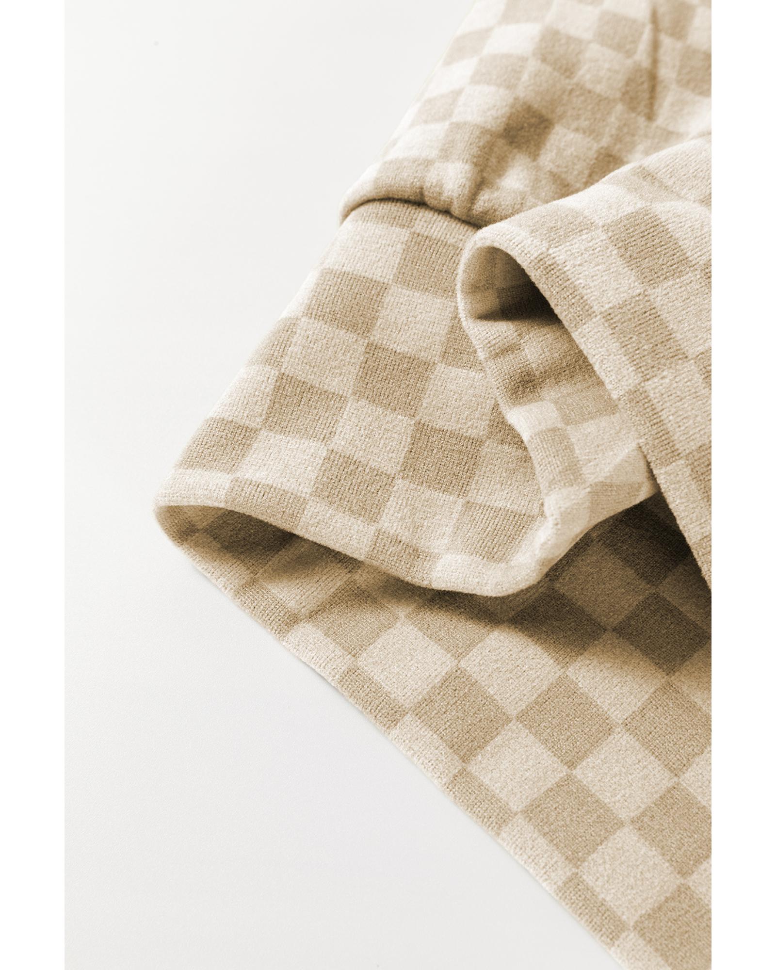 Khaki Checkered Print Kangaroo Pocket Drawstring Hoodie - M 7