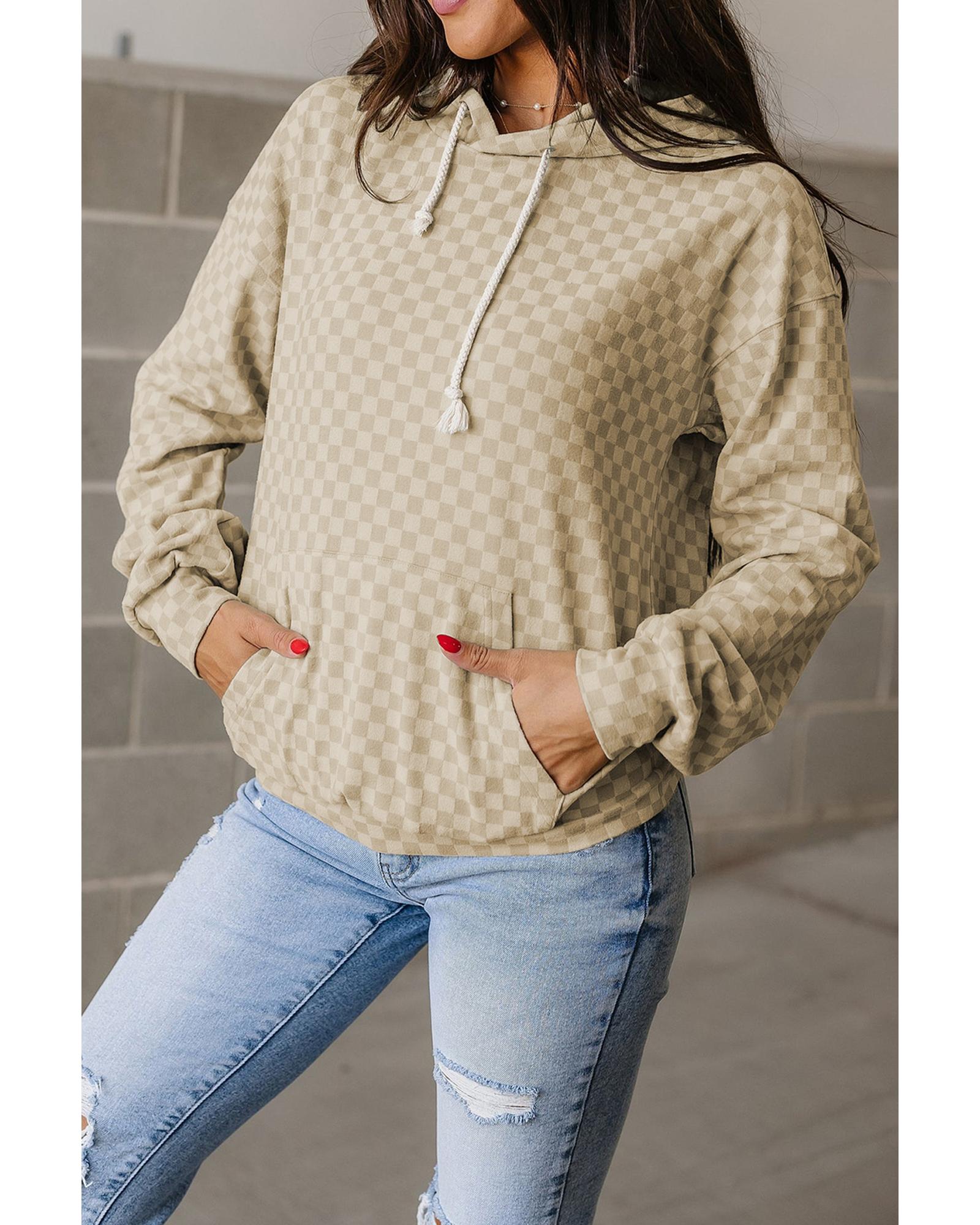 Khaki Checkered Print Kangaroo Pocket Drawstring Hoodie - M 8