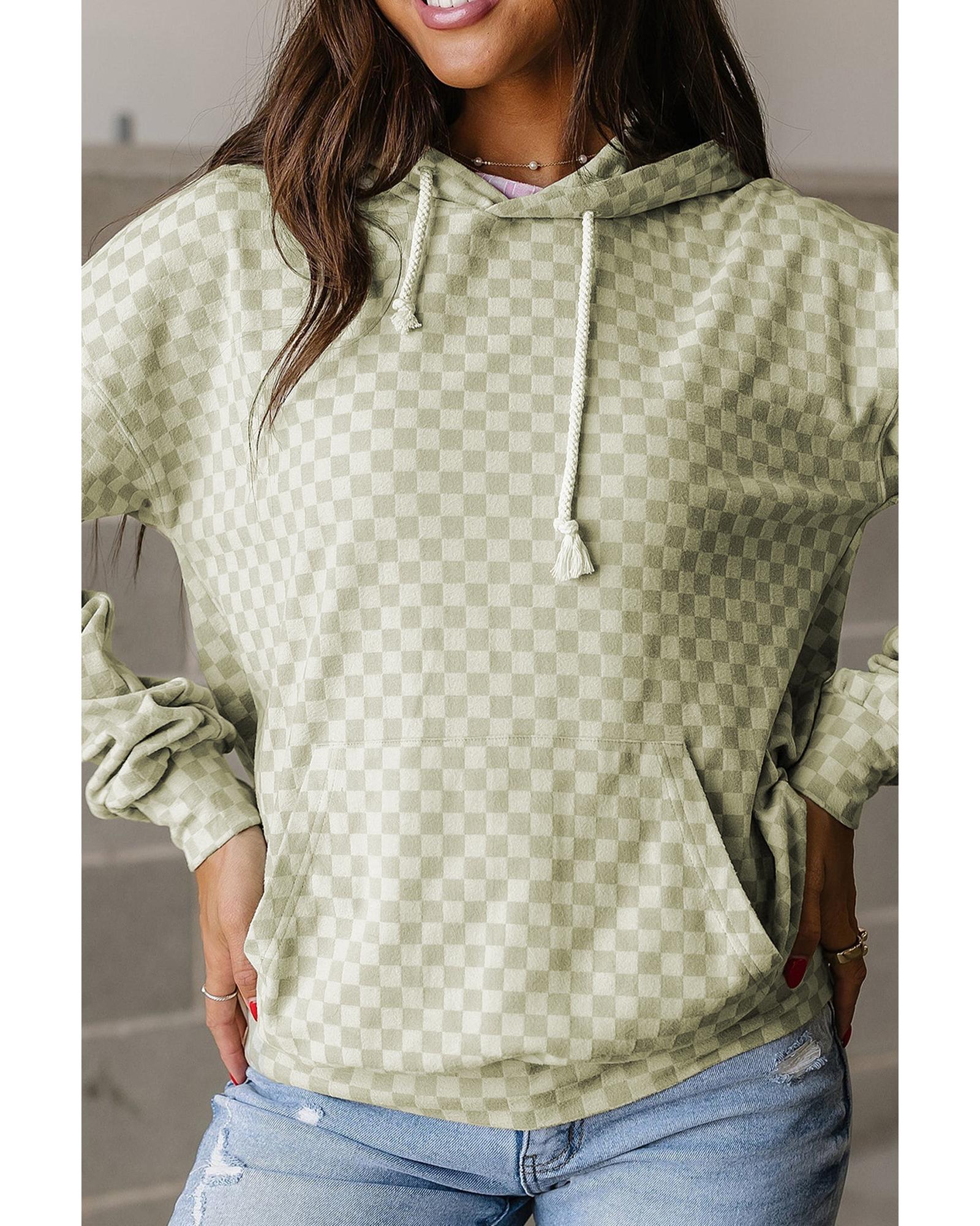 Green Checkered Print Kangaroo Pocket Drawstring Hoodie - XL 3