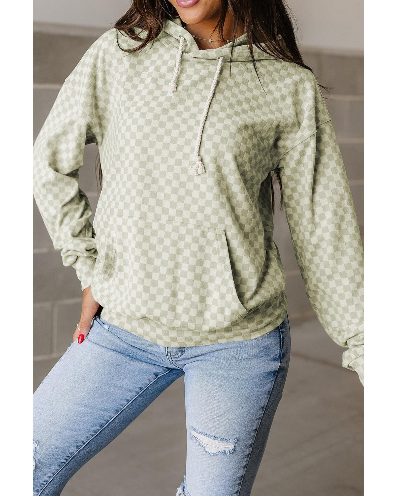 Green Checkered Print Kangaroo Pocket Drawstring Hoodie - XL 4