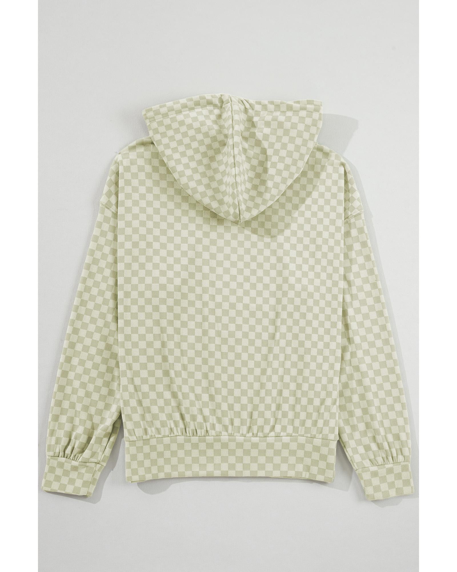 Green Checkered Print Kangaroo Pocket Drawstring Hoodie - XL 5