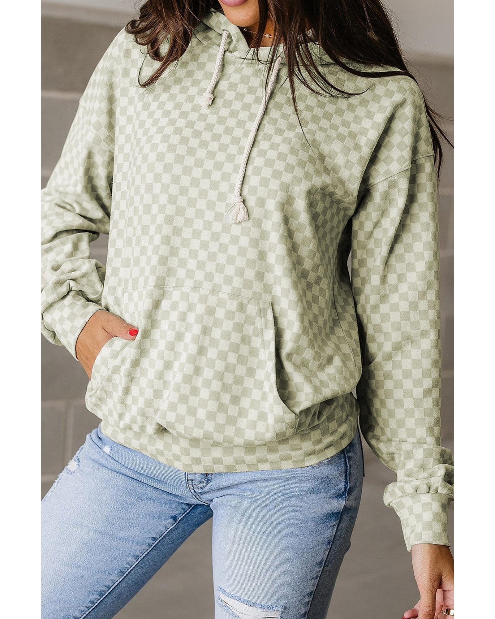 Green Checkered Print Kangaroo Pocket Drawstring Hoodie - XL 7