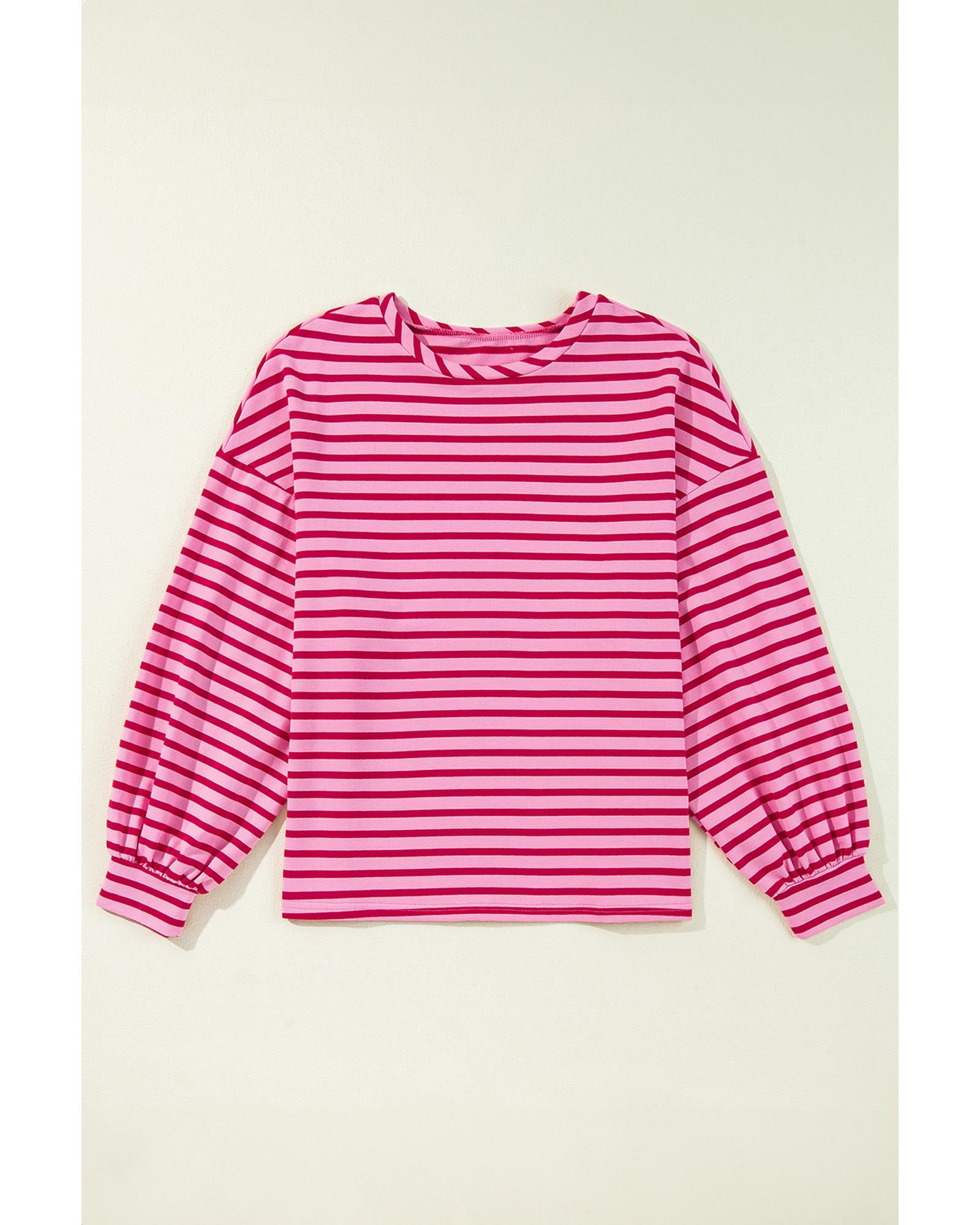 Sachet Pink Striped Print Crew Neck Drop Shoulder Sweatshirt - L