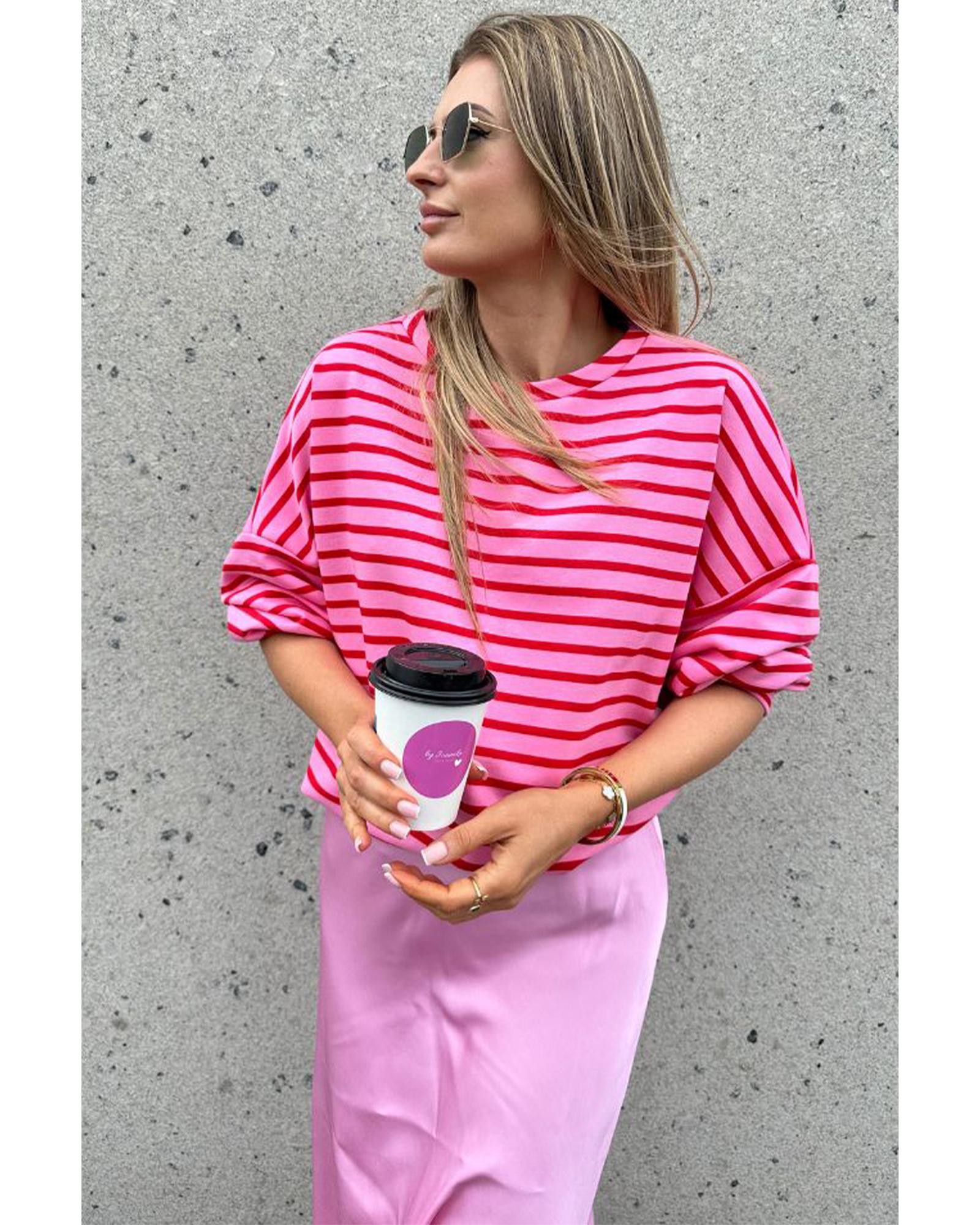 Sachet Pink Striped Print Crew Neck Drop Shoulder Sweatshirt - L 8