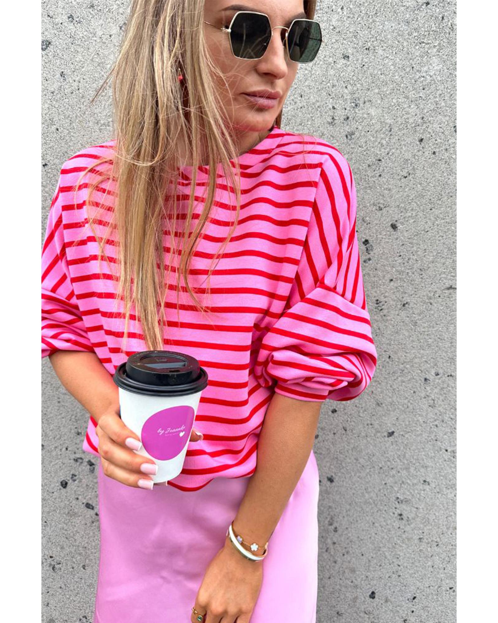 Sachet Pink Striped Print Crew Neck Drop Shoulder Sweatshirt - M 3
