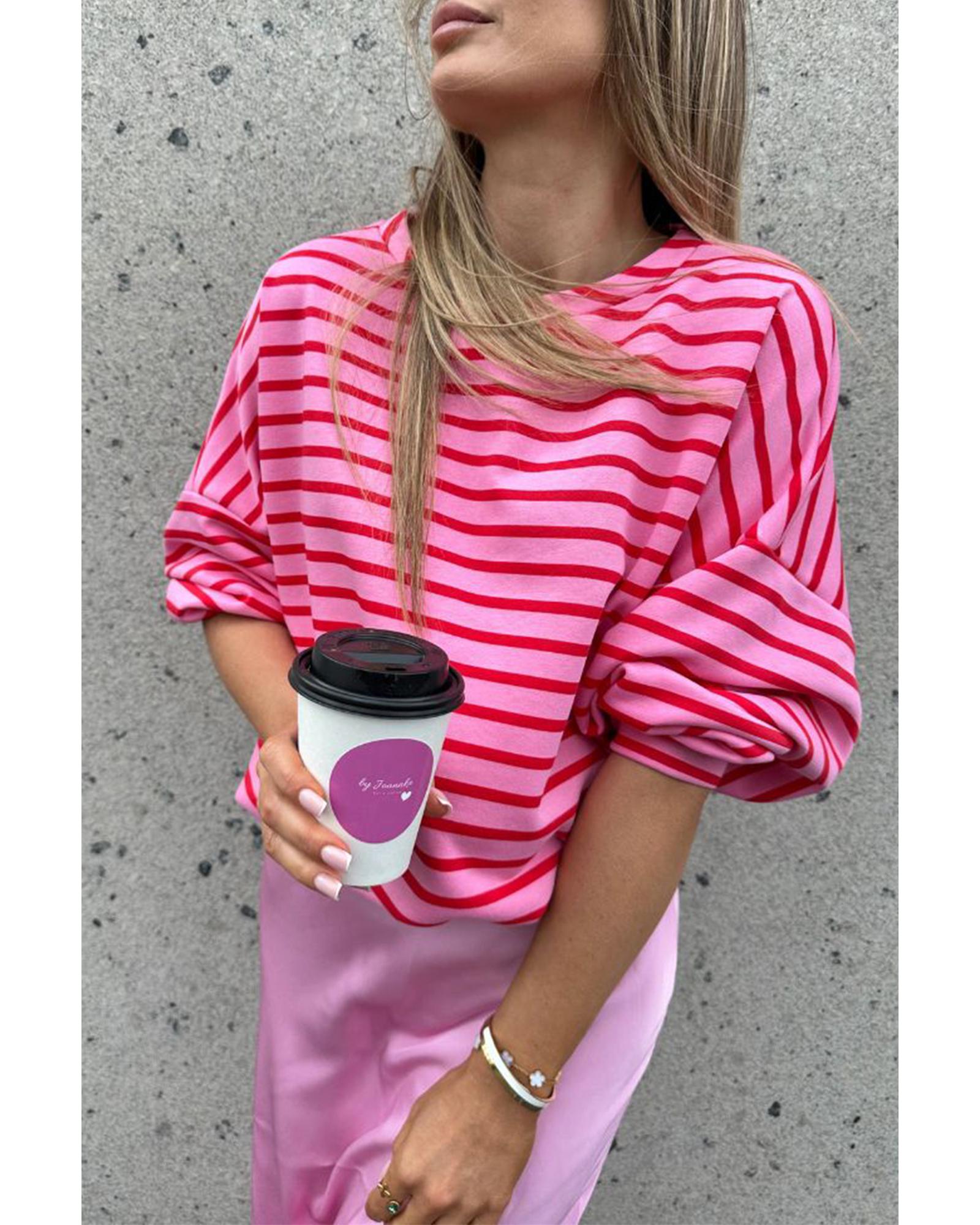Sachet Pink Striped Print Crew Neck Drop Shoulder Sweatshirt - S 5