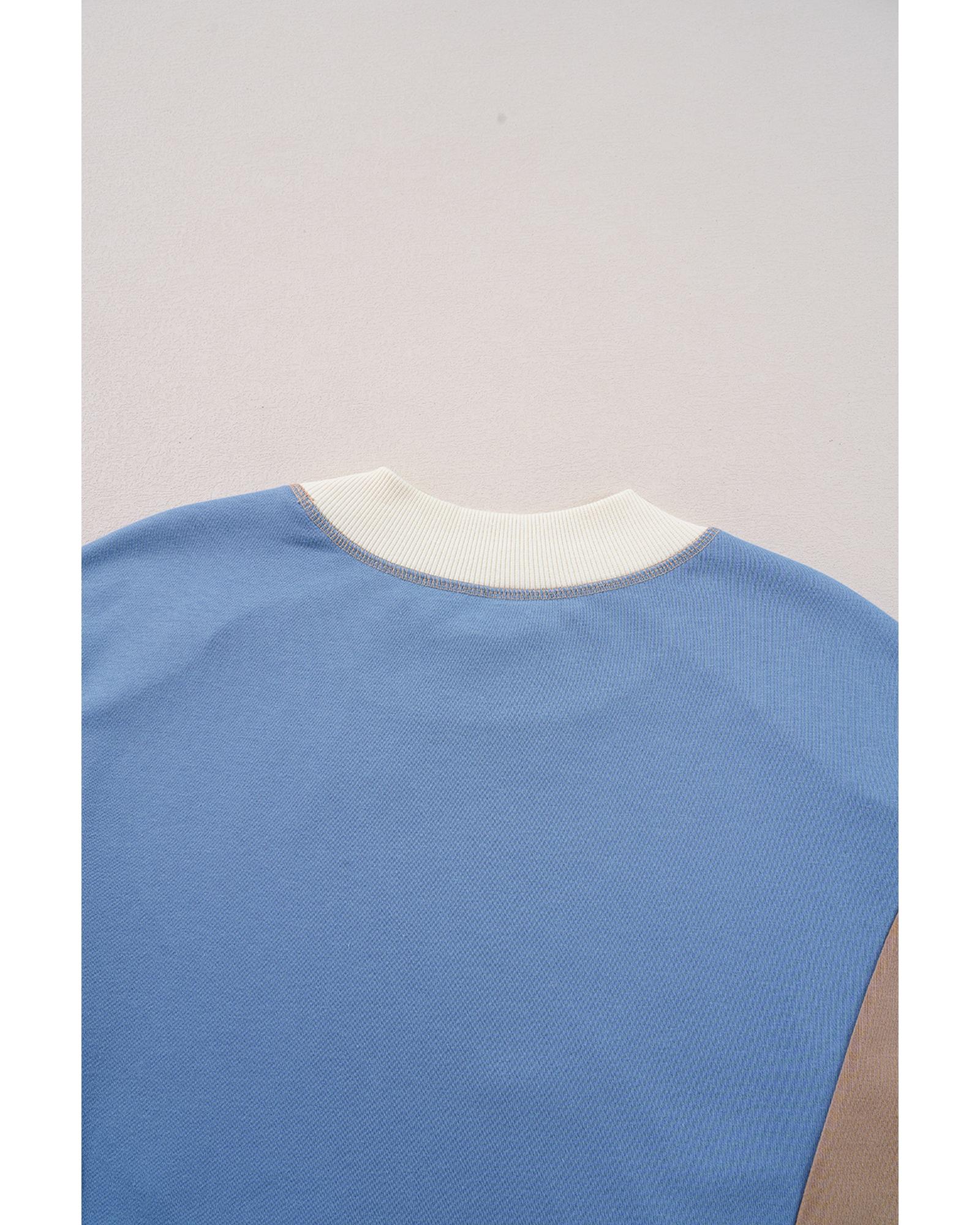 Sky Blue Ribbed Detail Color Block Sleeve Baggy Sweatshirt - L 8