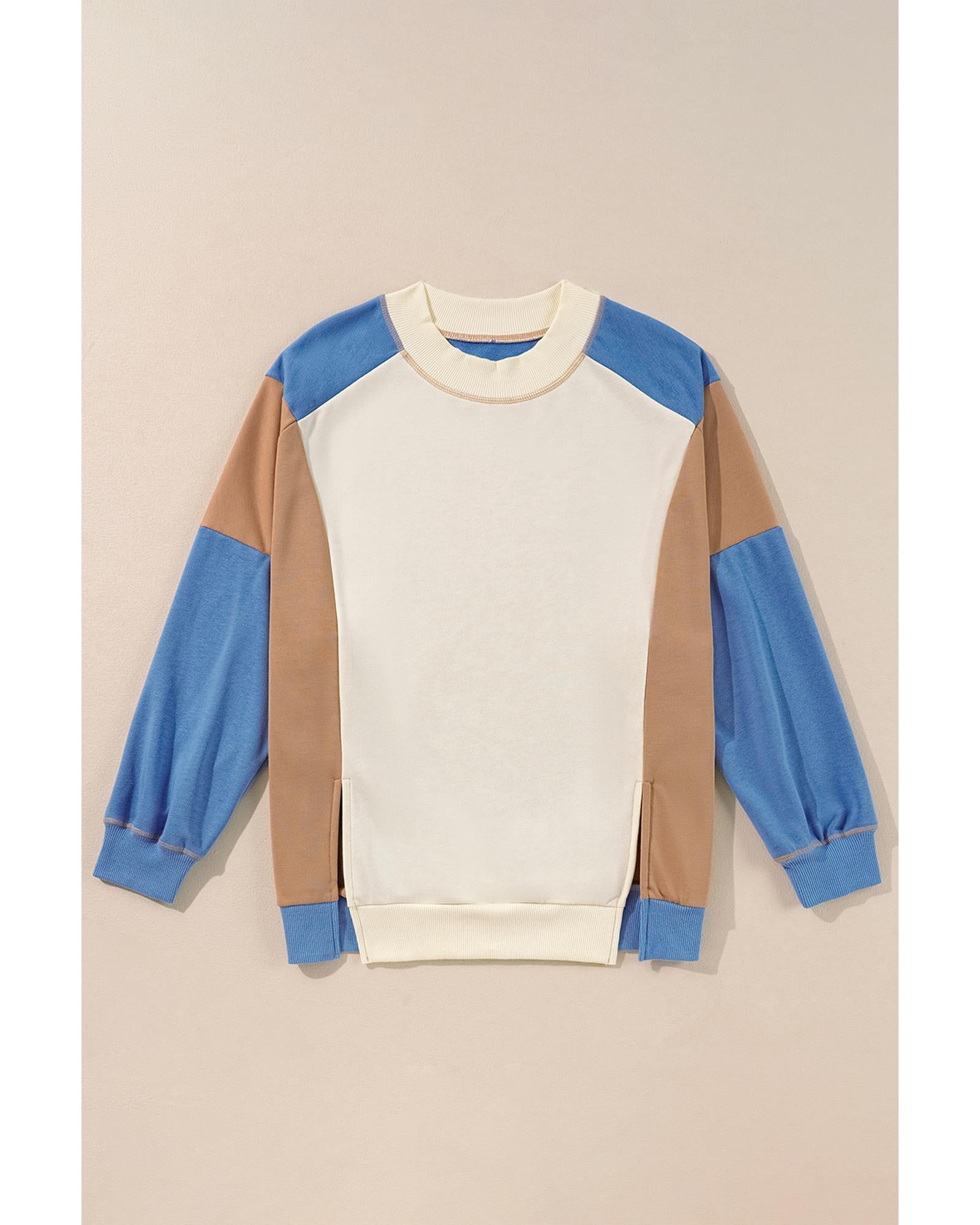Sky Blue Ribbed Detail Color Block Sleeve Baggy Sweatshirt - S 3