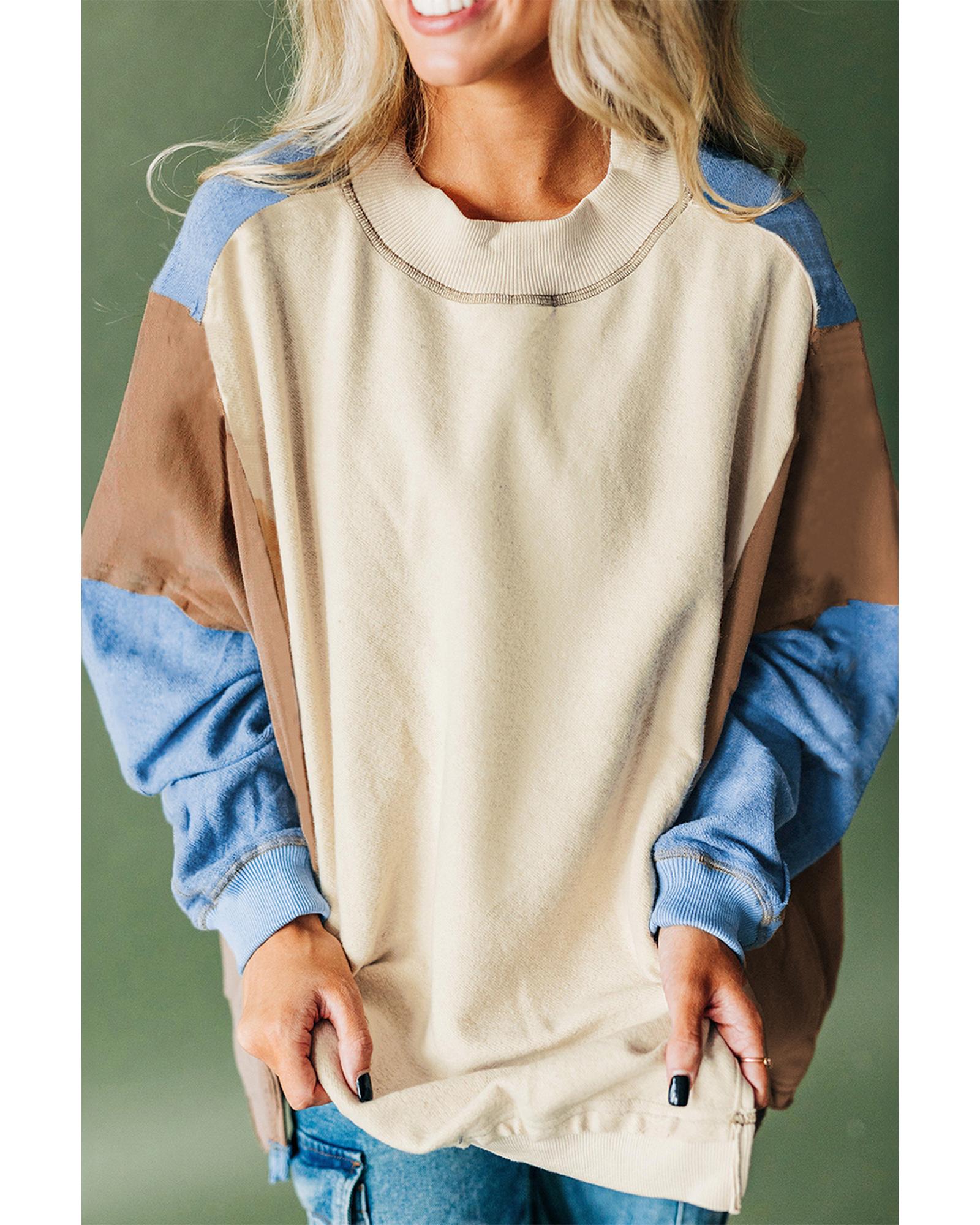 Sky Blue Ribbed Detail Color Block Sleeve Baggy Sweatshirt - S 7