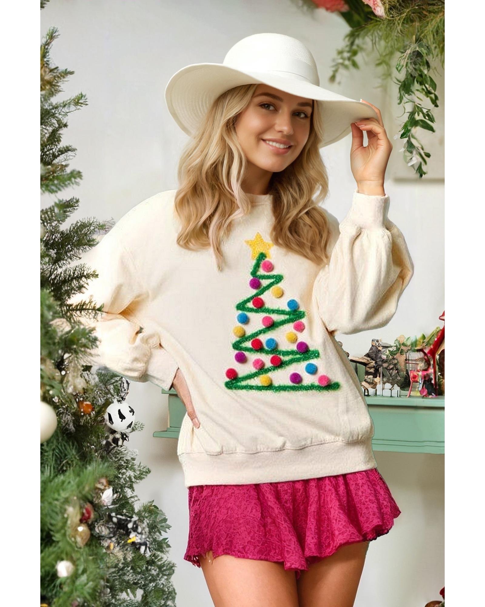 Beige Pom-Pom Christmas Tree Pattern O Neck Sweatshirt - L 5
