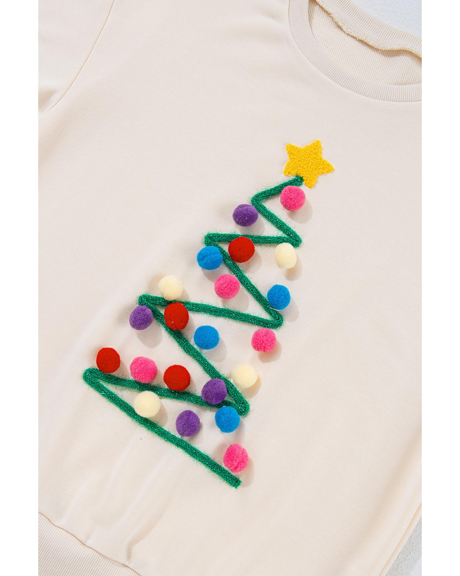 Beige Pom-Pom Christmas Tree Pattern O Neck Sweatshirt - L 7
