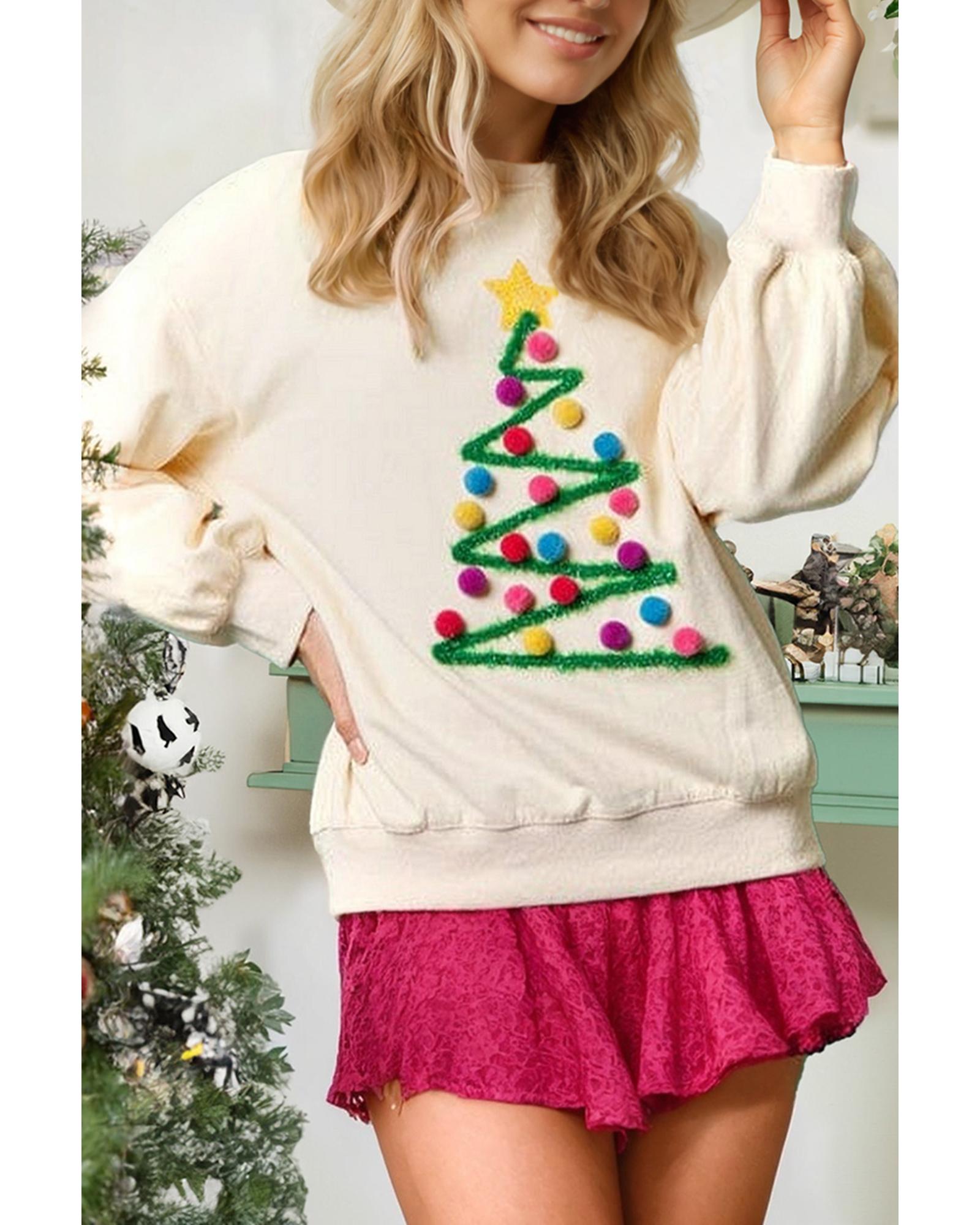 Beige Pom-Pom Christmas Tree Pattern O Neck Sweatshirt - L 8