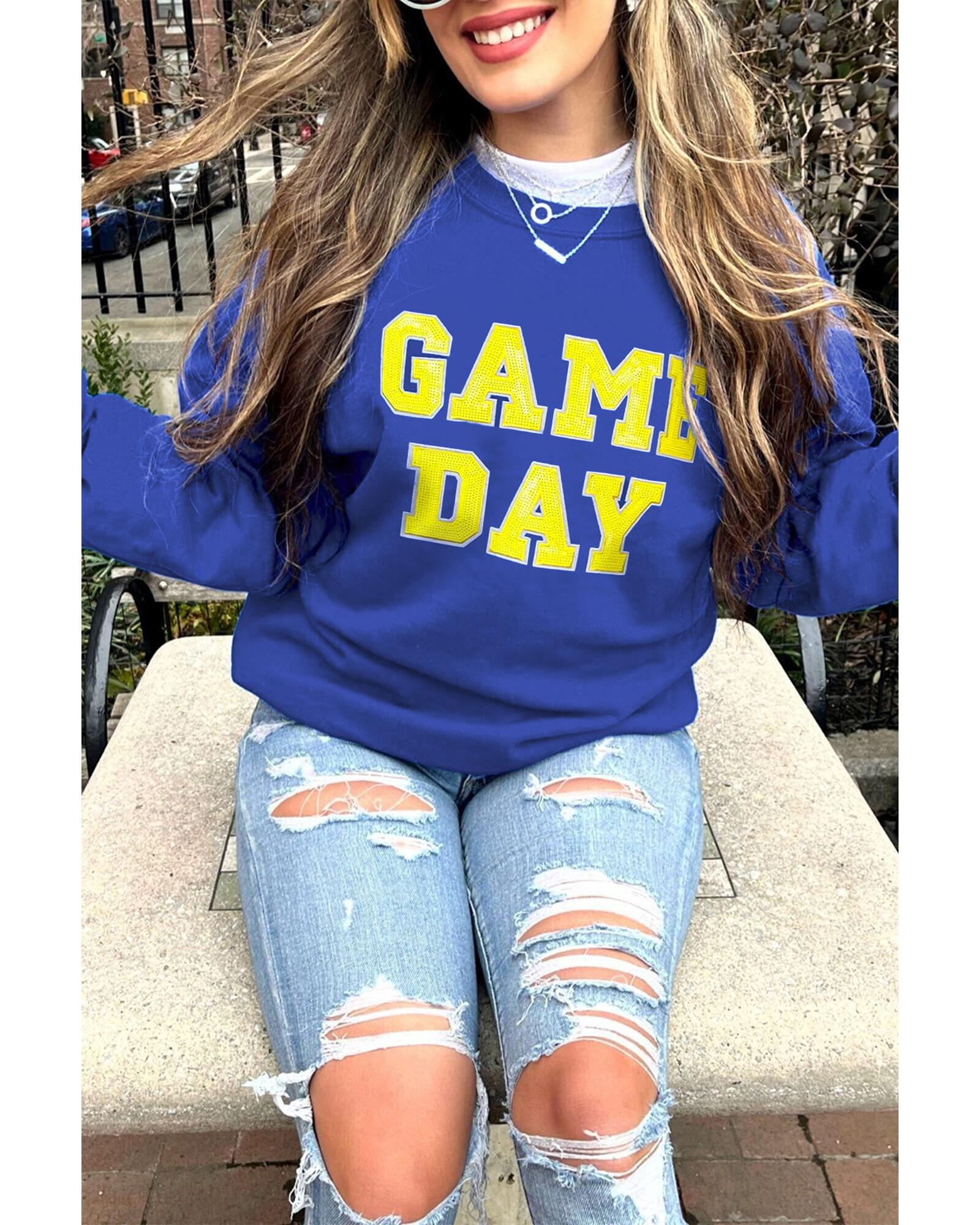 Dark Blue Game Day Crew Neck Graphic Pullover Sweatshirt - M 5