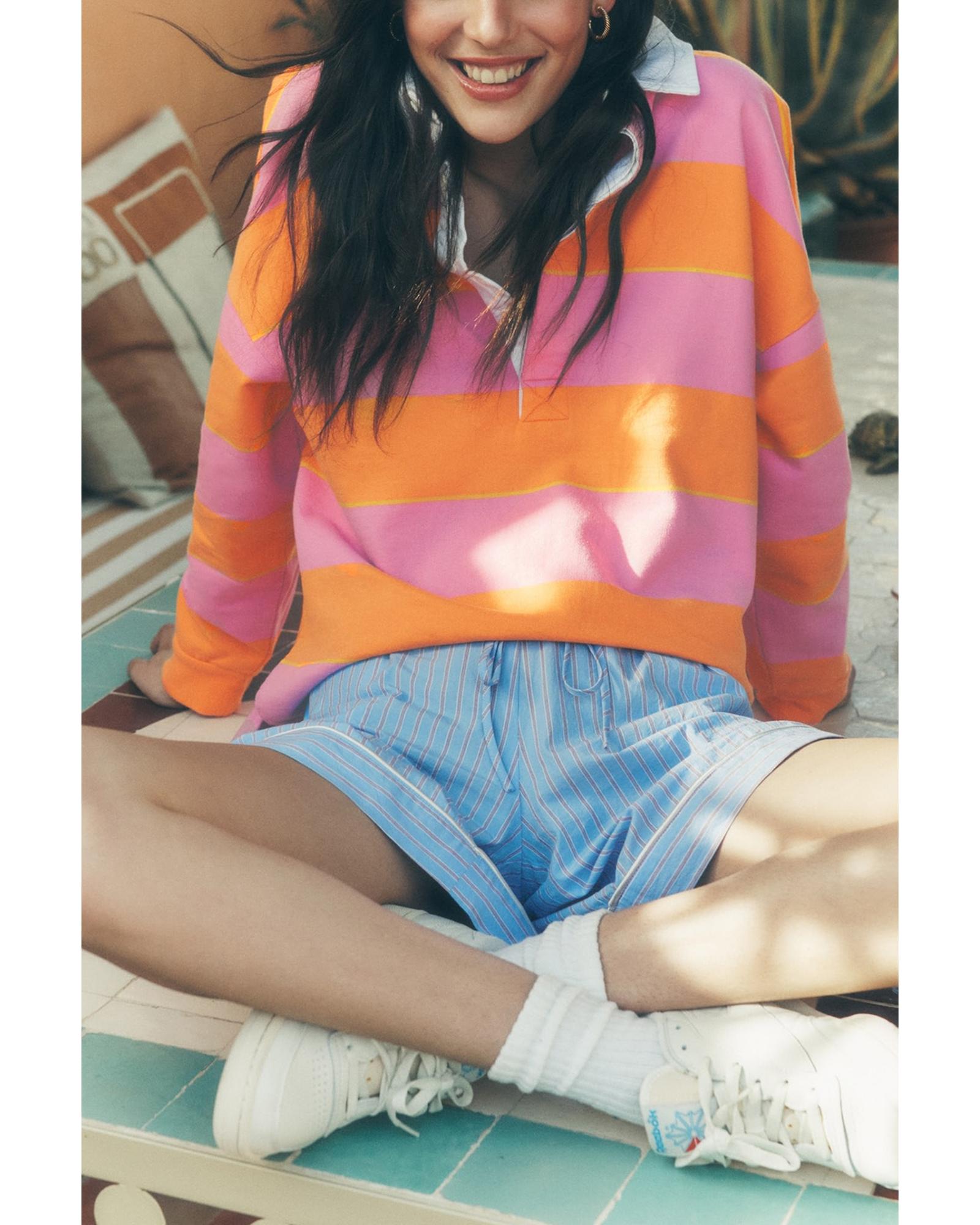 Yellow Stripe Color Block Polo Collar Sweatshirt - M 4
