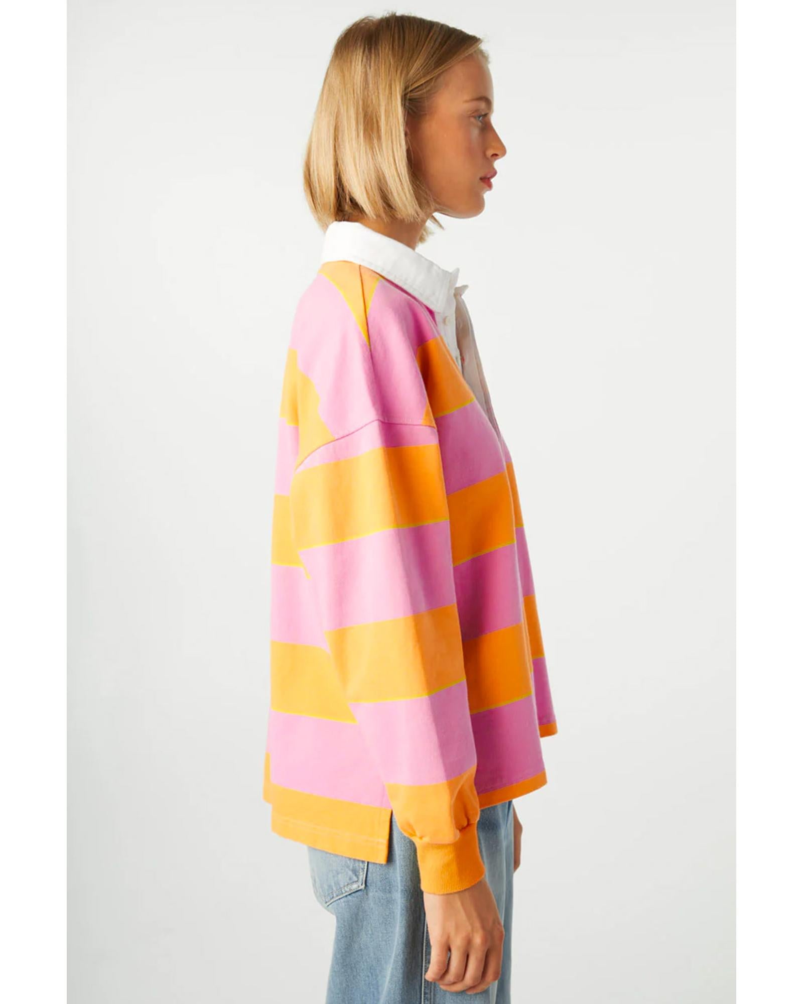 Yellow Stripe Color Block Polo Collar Sweatshirt - M 5