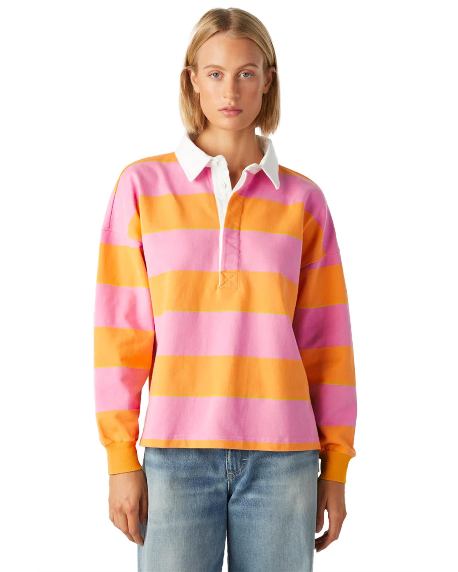 Yellow Stripe Color Block Polo Collar Sweatshirt - M 7