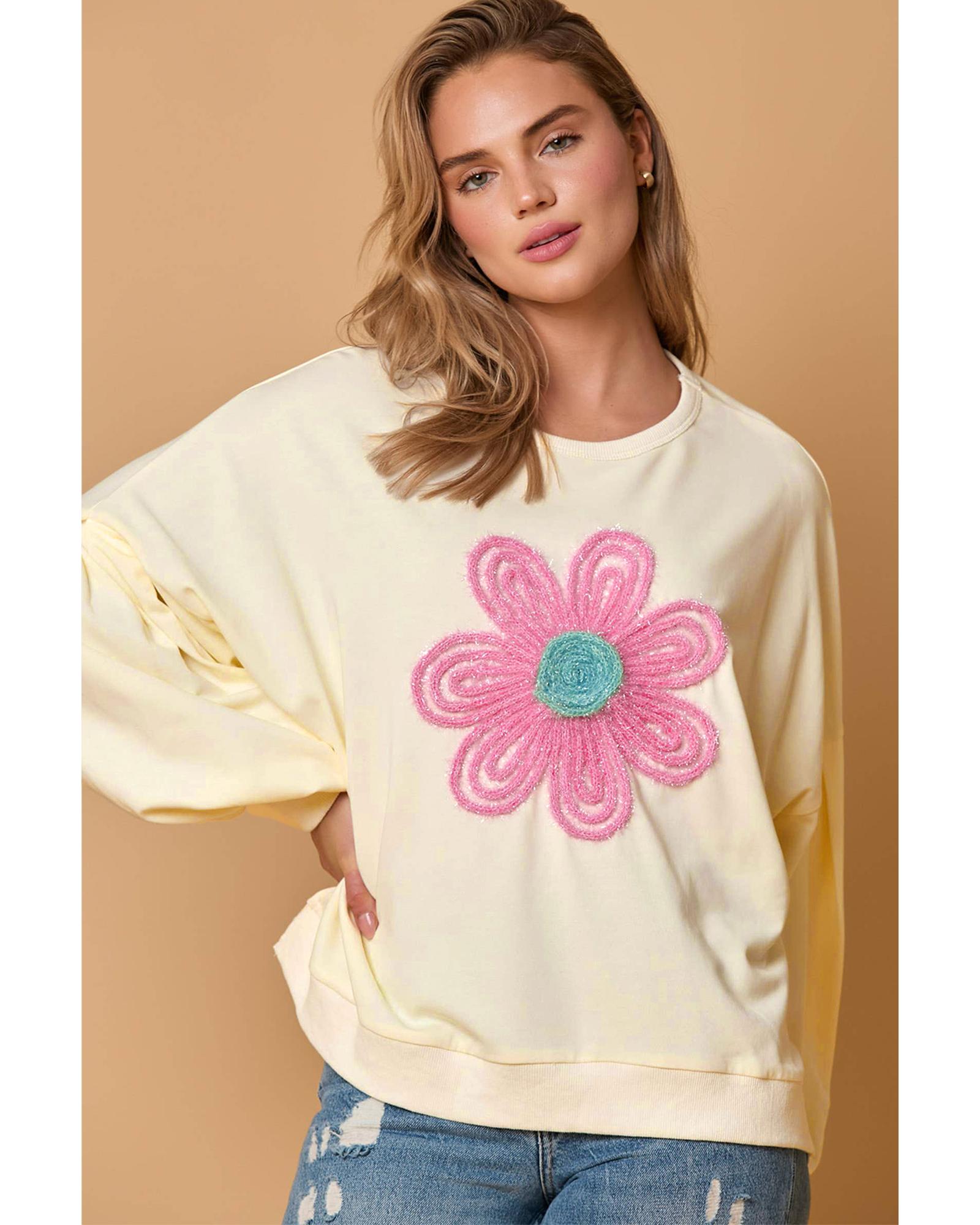 Beige Tinsel Flower Dropped Puff Sleeve Sweatshirt - M 4