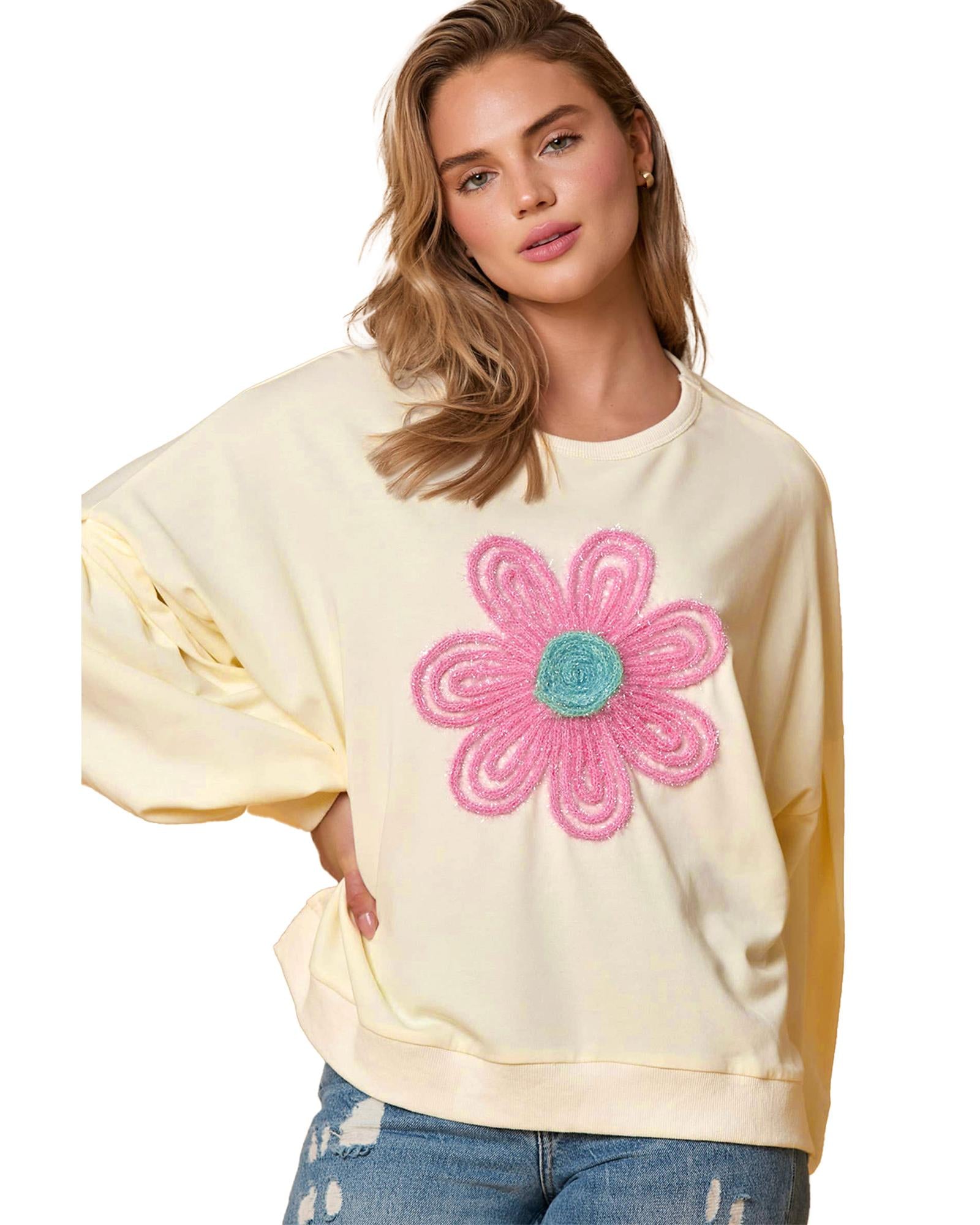 Beige Tinsel Flower Dropped Puff Sleeve Sweatshirt - S 6