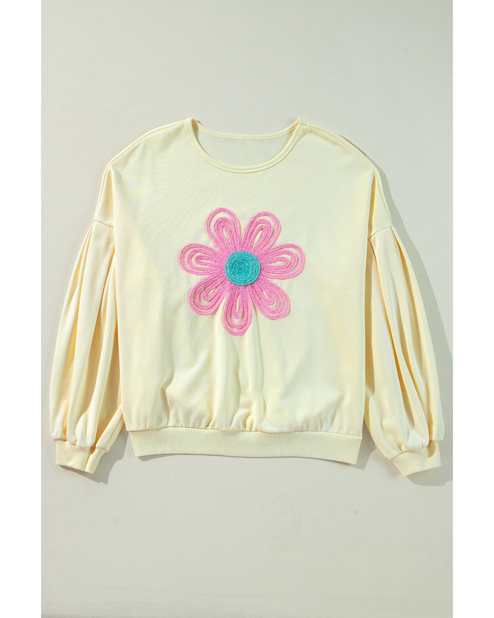 Beige Tinsel Flower Dropped Puff Sleeve Sweatshirt - S 8