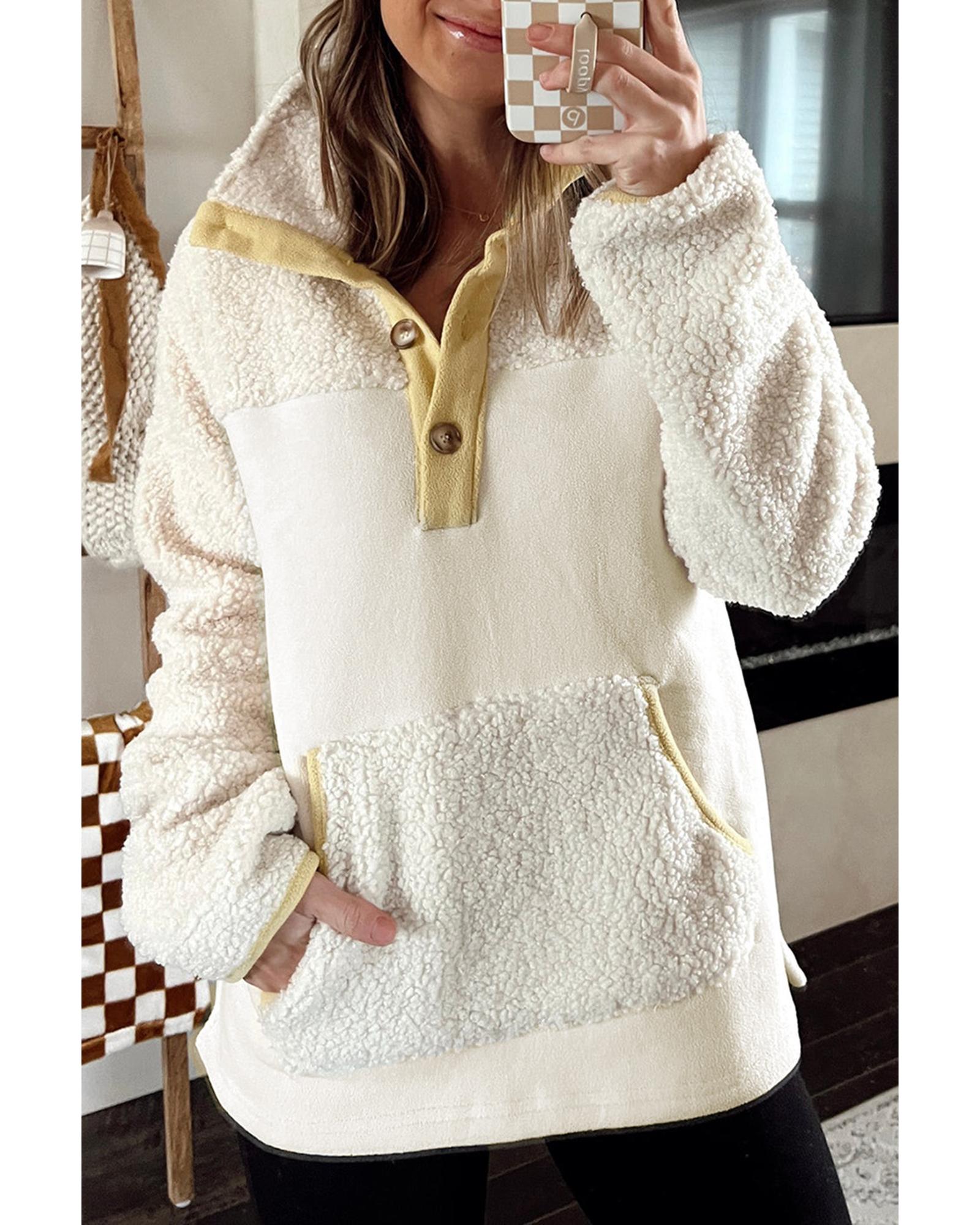 Beige Fleece Colorblock Trim Buttons Collar Sweatshirt with Pocket - XL 3